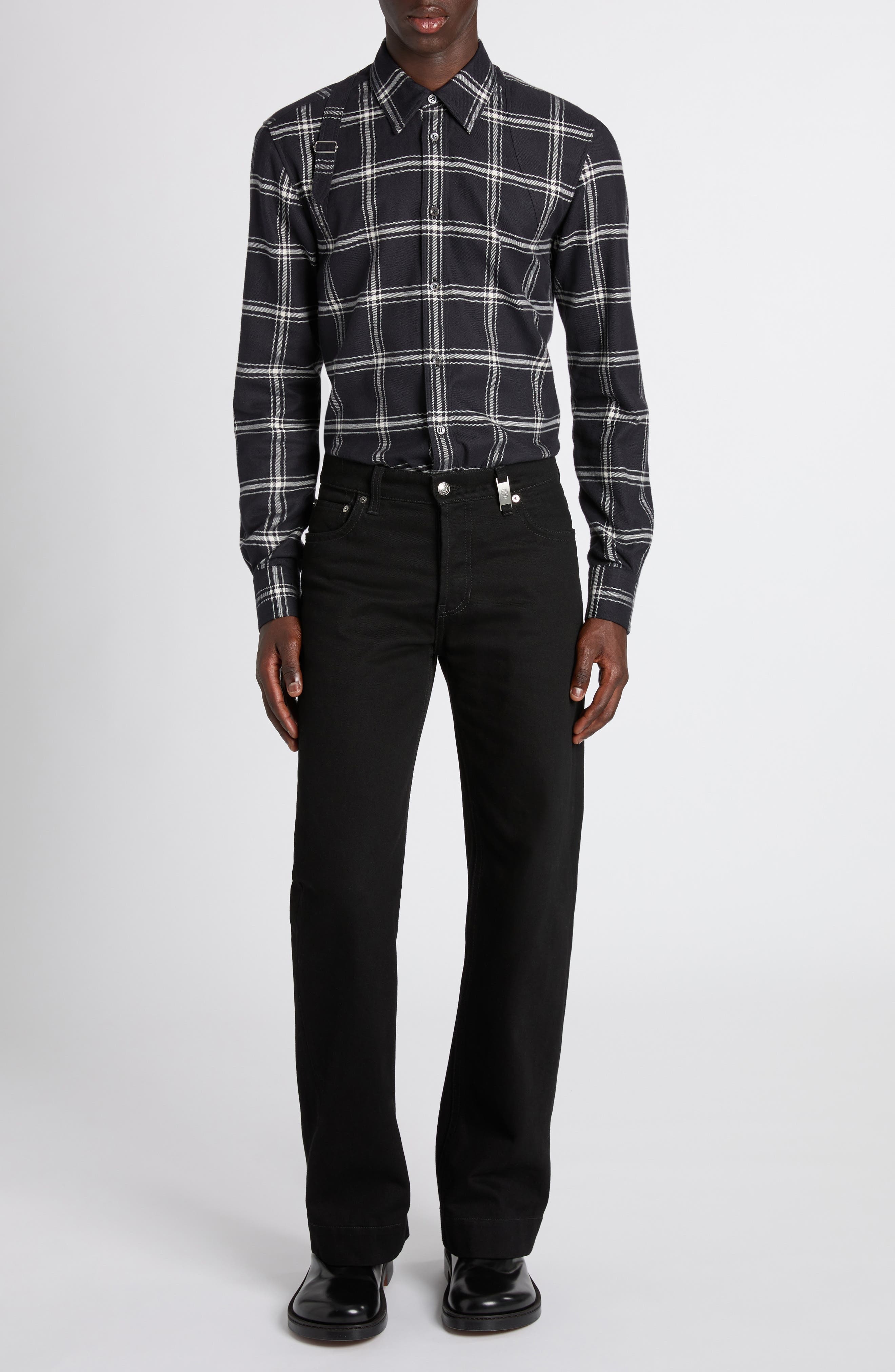 McQueen Harness Plaid Cotton Flannel Button-Up Shirt in Black-Ivory at Nordstrom - 2