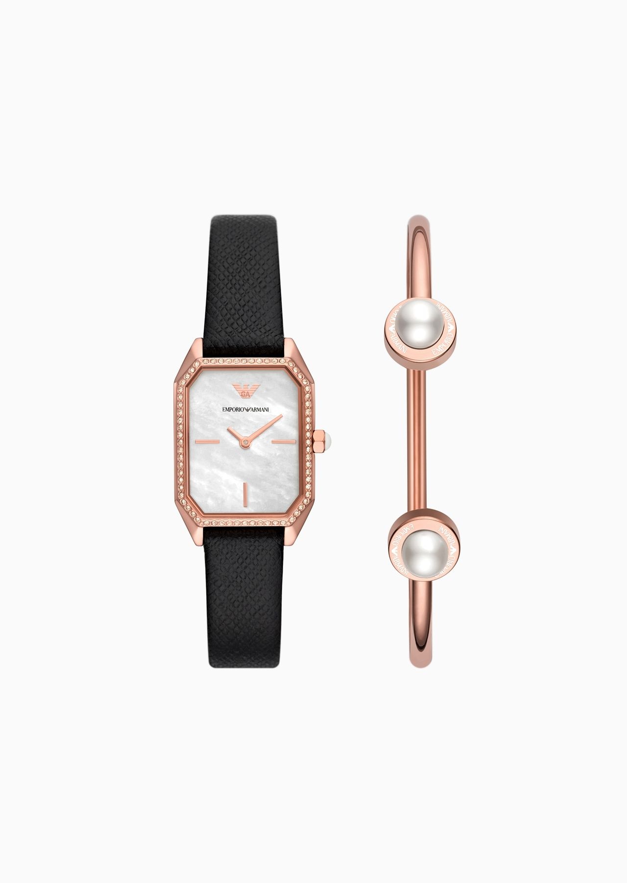Two-hand black leather watch and rose gold-tone stainless steel bracelet set - 1