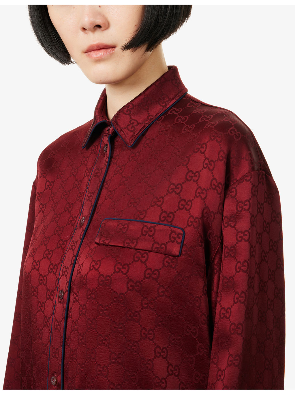 Monogram-Pattern Drawstring-Hem Satin Shirt - 5