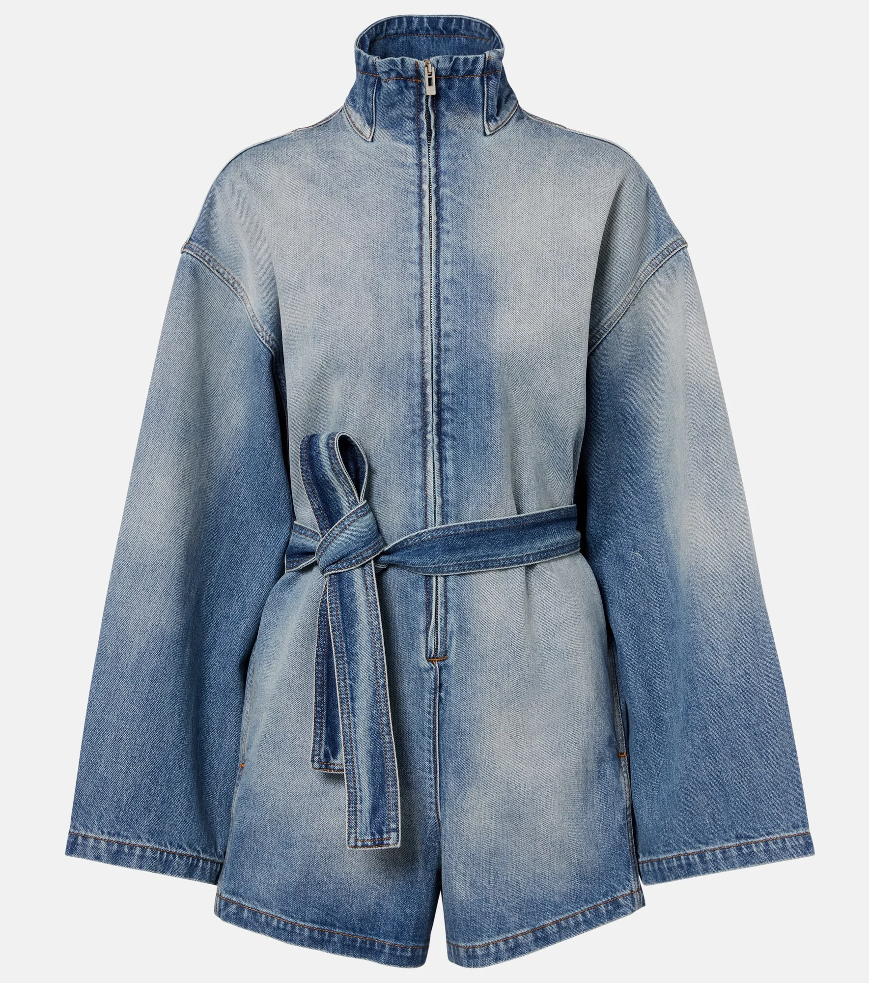 Belted cotton denim romper - 1