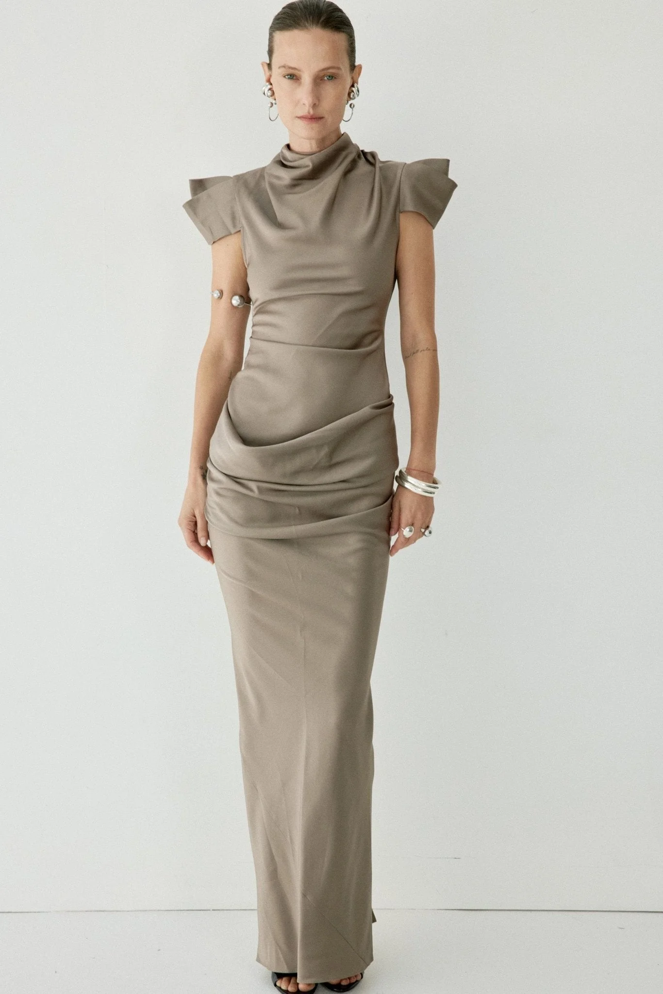 COSIMA MAXI DRESS IN TRUFFLE BROWN SATIN - 1