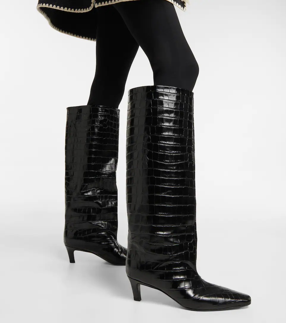 Croc-effect leather knee-high boots - 4