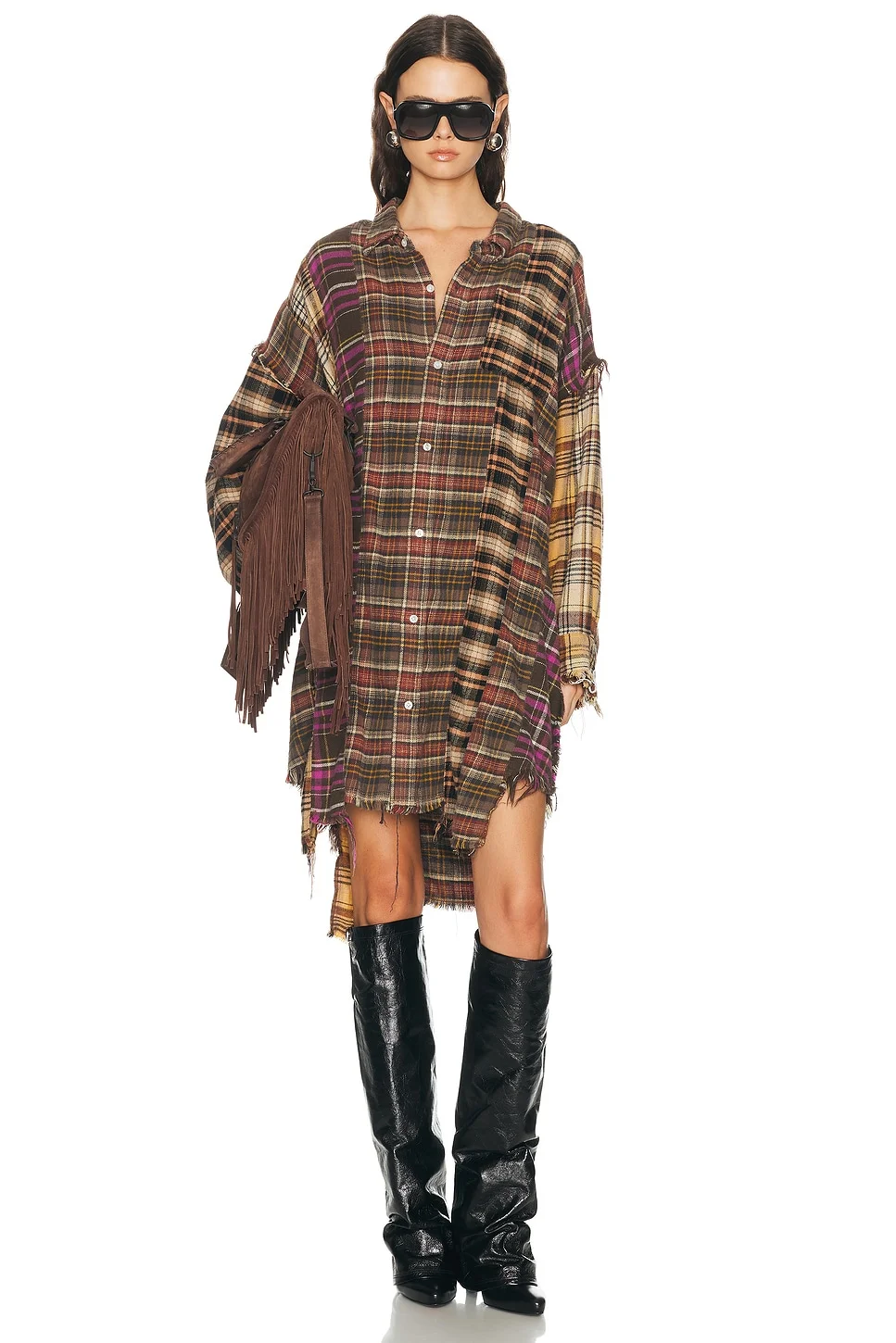 Spliced Drop Neck Shirt Dress - 1