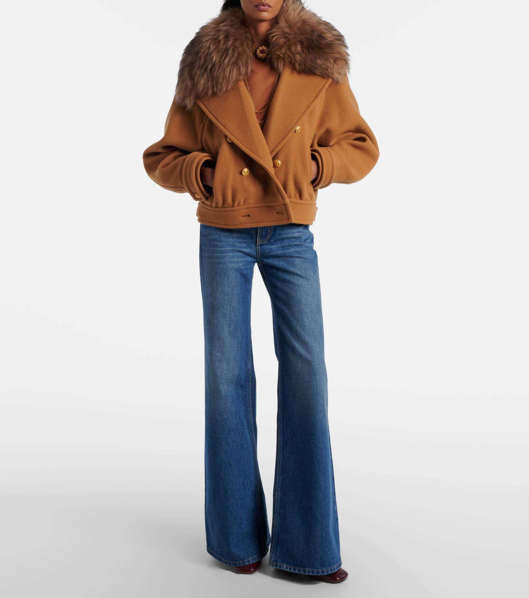 Cropped shearling-trimmed wool-blend coat - 2