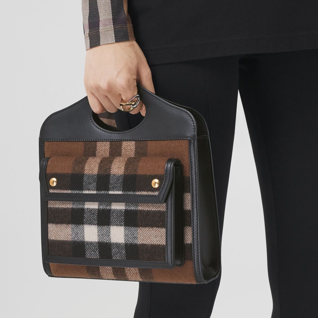 Mini Check Cashmere and Leather Pocket Bag - 10