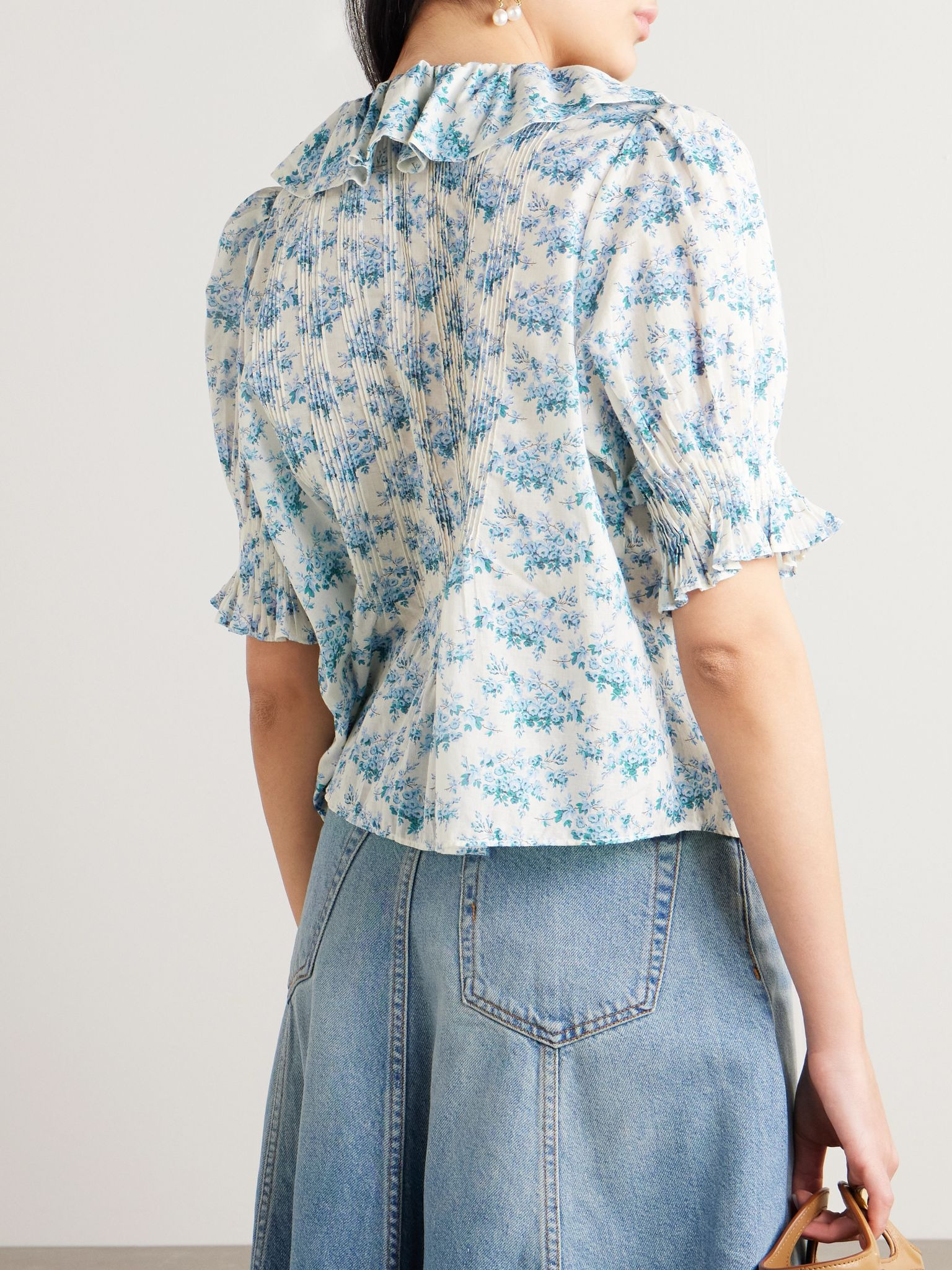 Henri ruffled pintucked floral-print organic cotton-voile top Blue - 3