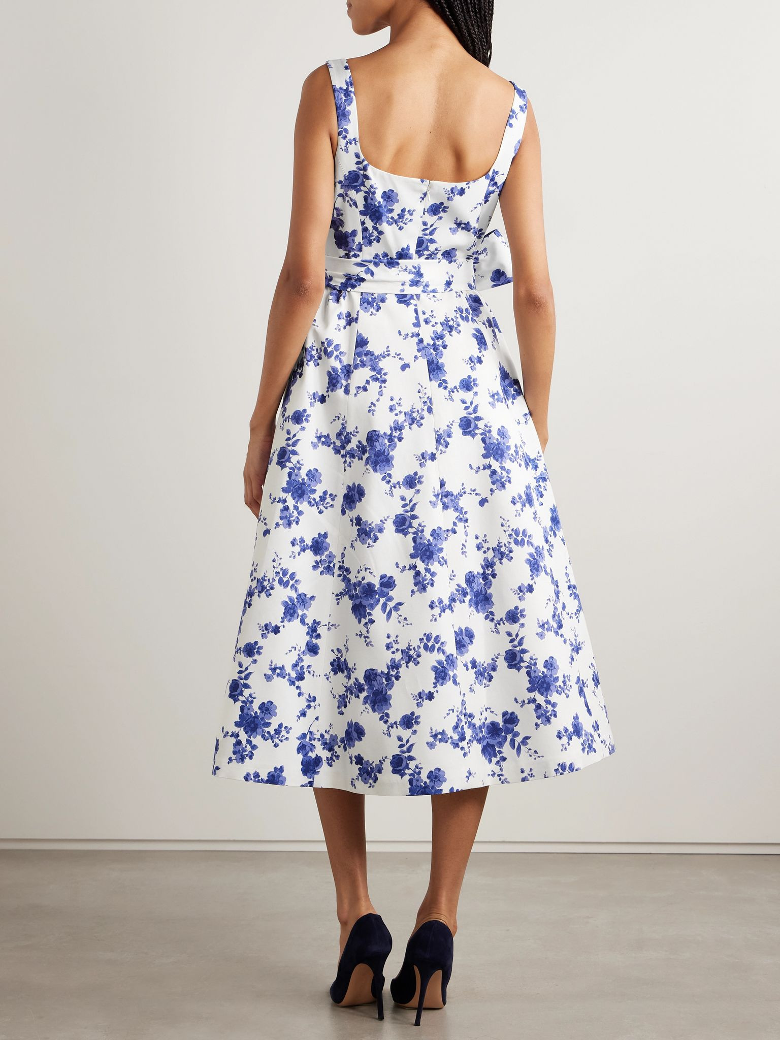 Belted floral-print faille midi dress White - 3