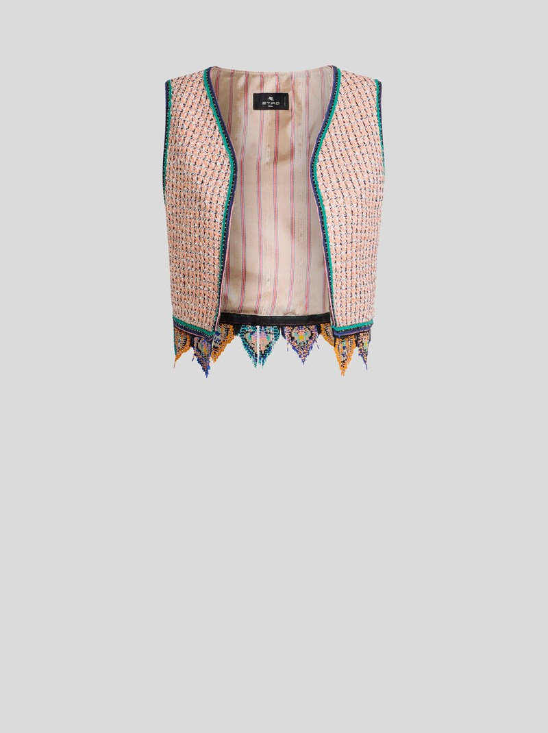 CROPPED JACQUARD WAISTCOAT WITH TWEED EFFECT, FRINGING AND CHECK MOTIF 1