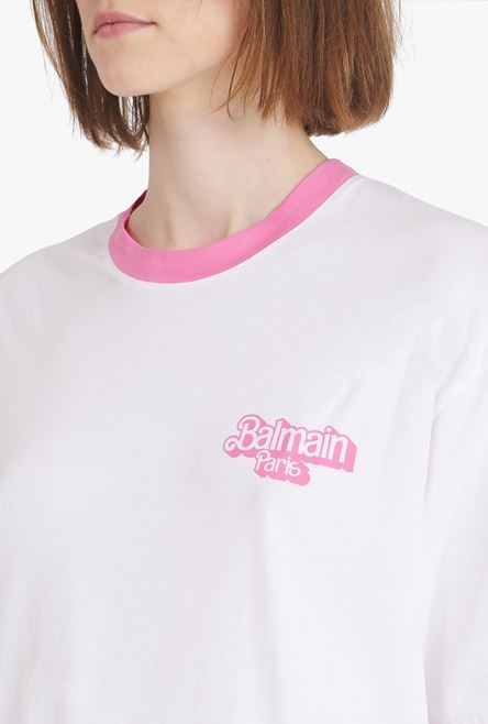 Balmain x Barbie - White eco-designed cotton T-shirt with pink Balmain logo print - 6