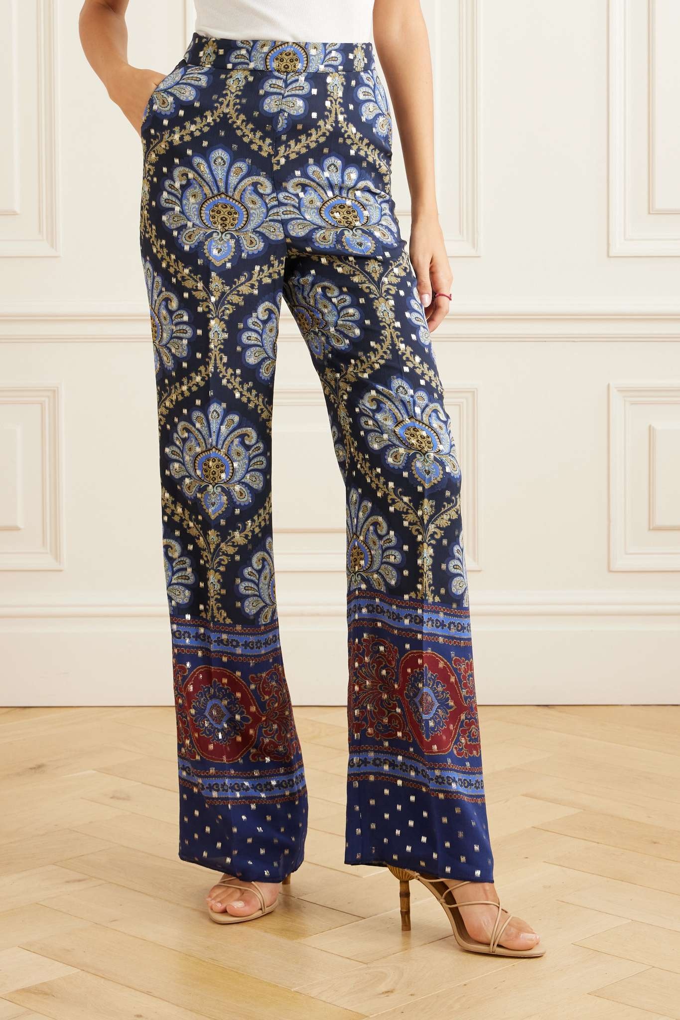 Paisley-print metallic fil coupé silk-blend wide-leg pants - 3