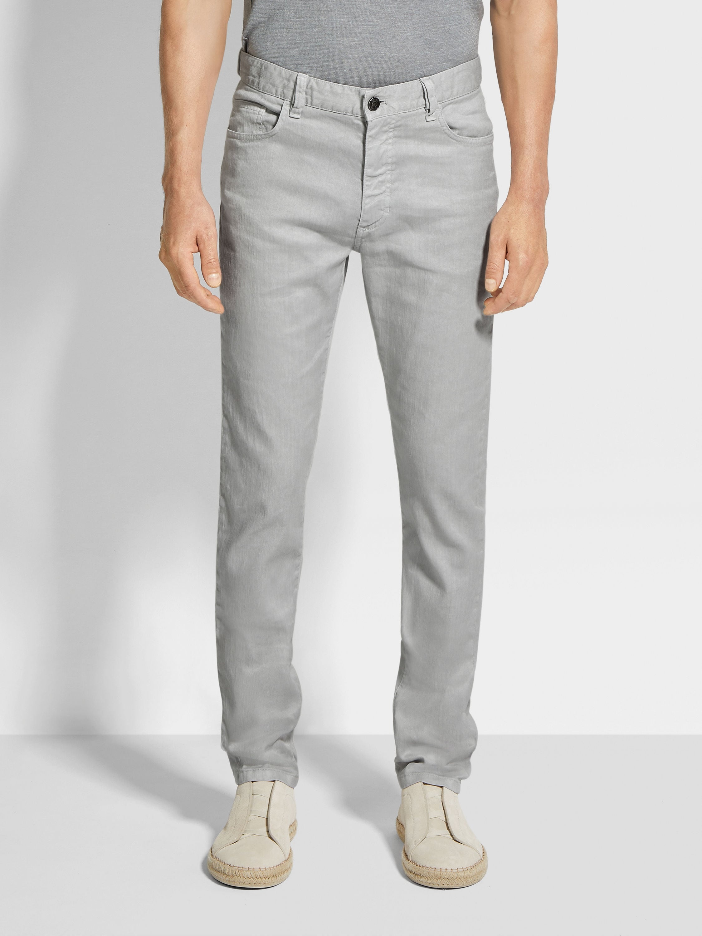 LIGHT GREY STRETCH LINEN AND COTTON ROCCIA JEANS - 4
