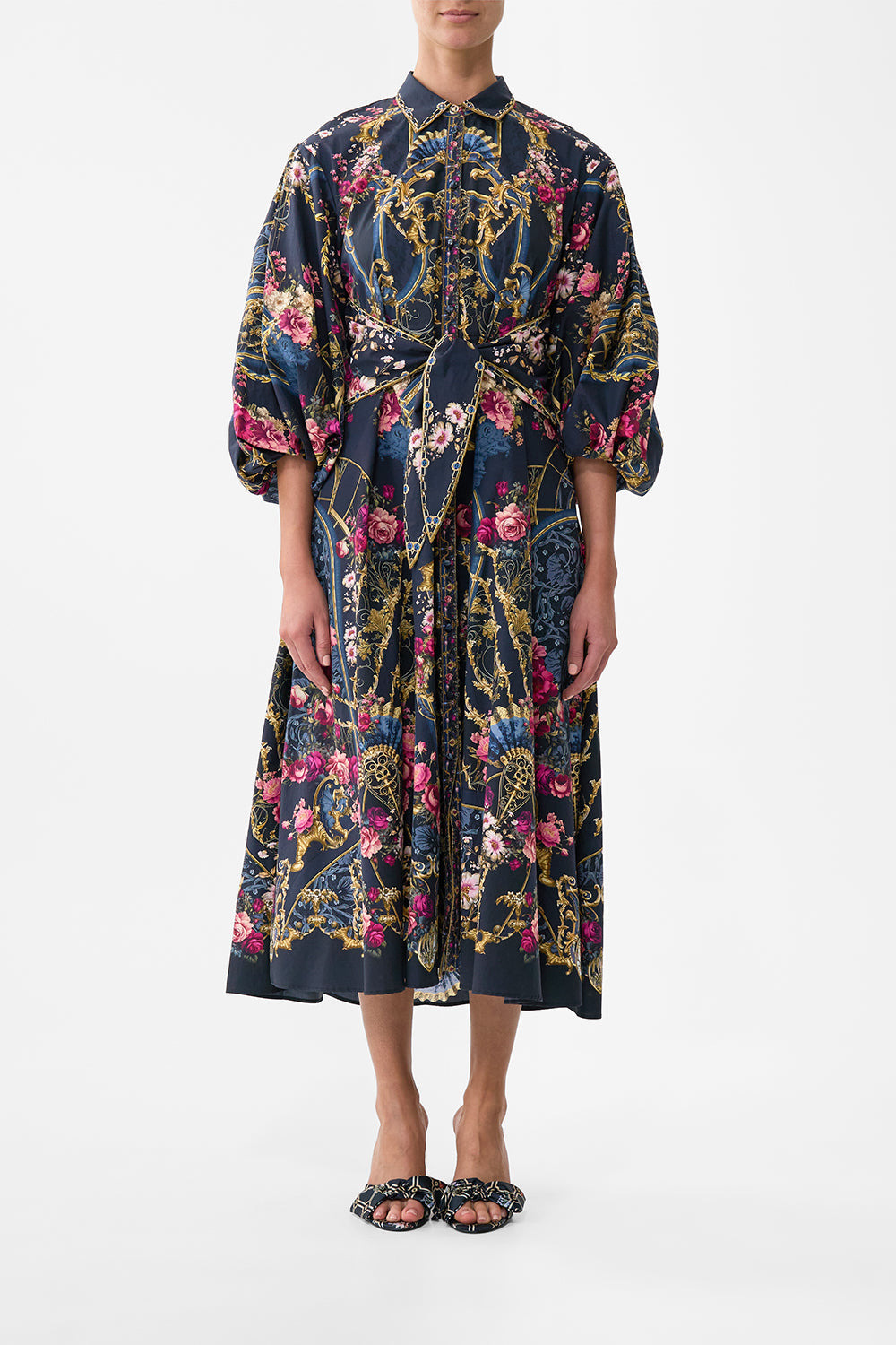 WAIST TIE SHIRT DRESS WITH BUBBLE SLEEVE - 2