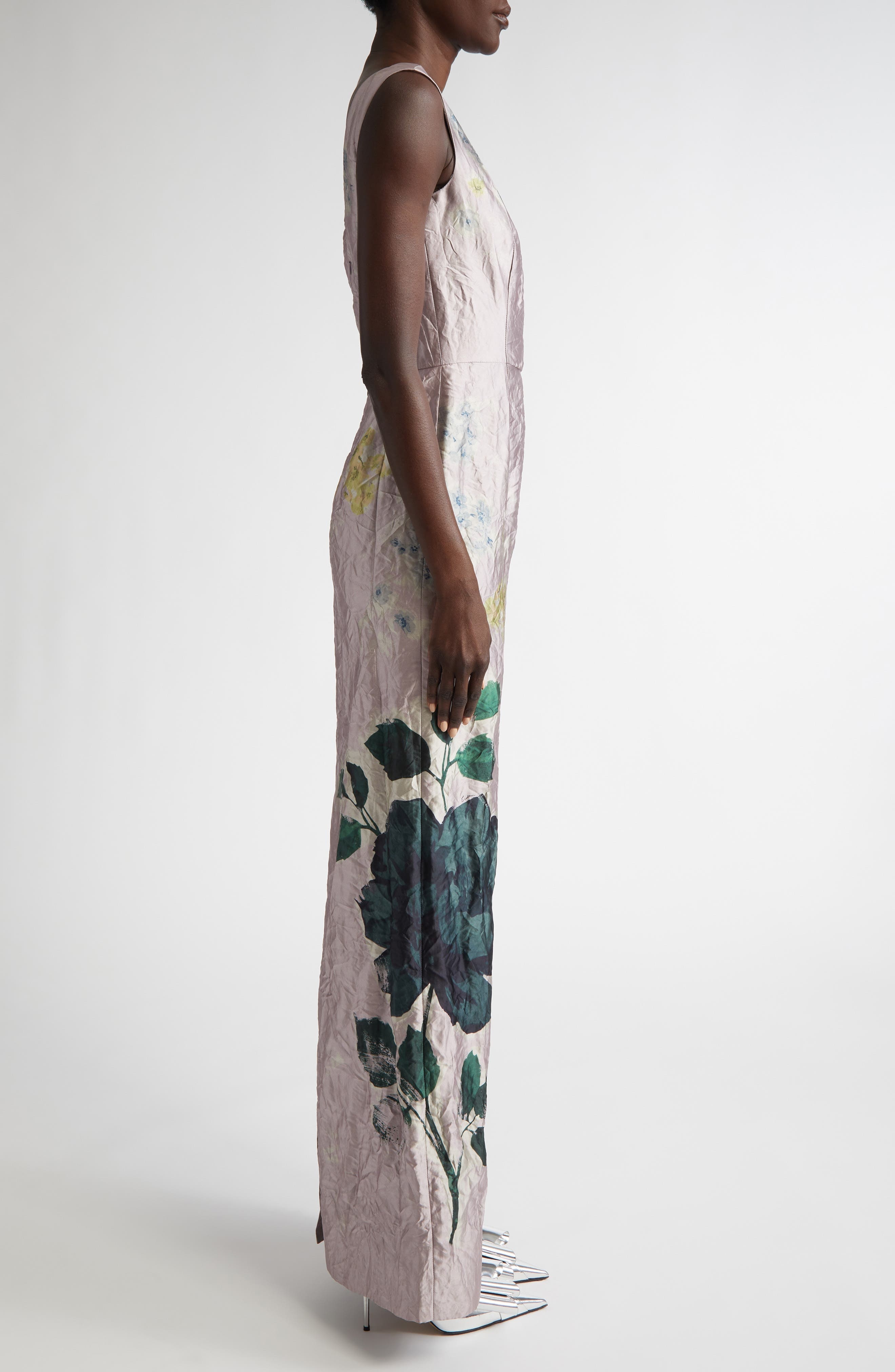 Erdem Floral Print Crinkled Metallic Satin Gown in Margot Floral Lilac at Nordstrom - 3
