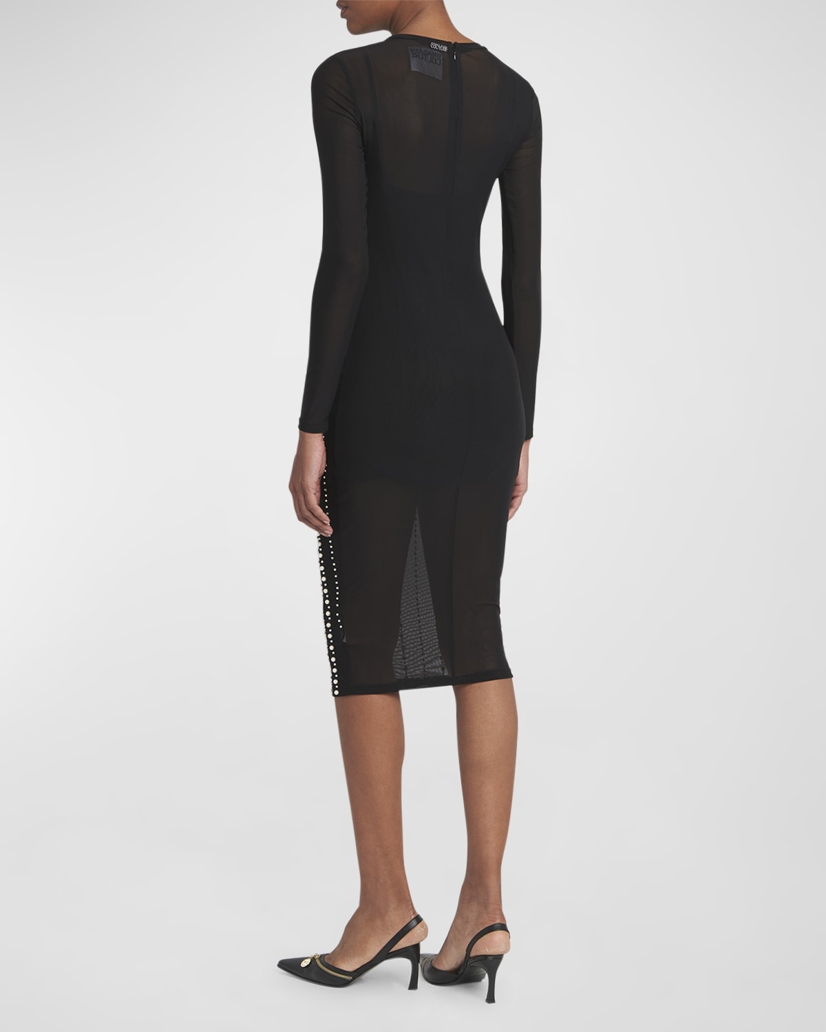 Long-Sleeves Embellished Mesh Midi Dress - 4