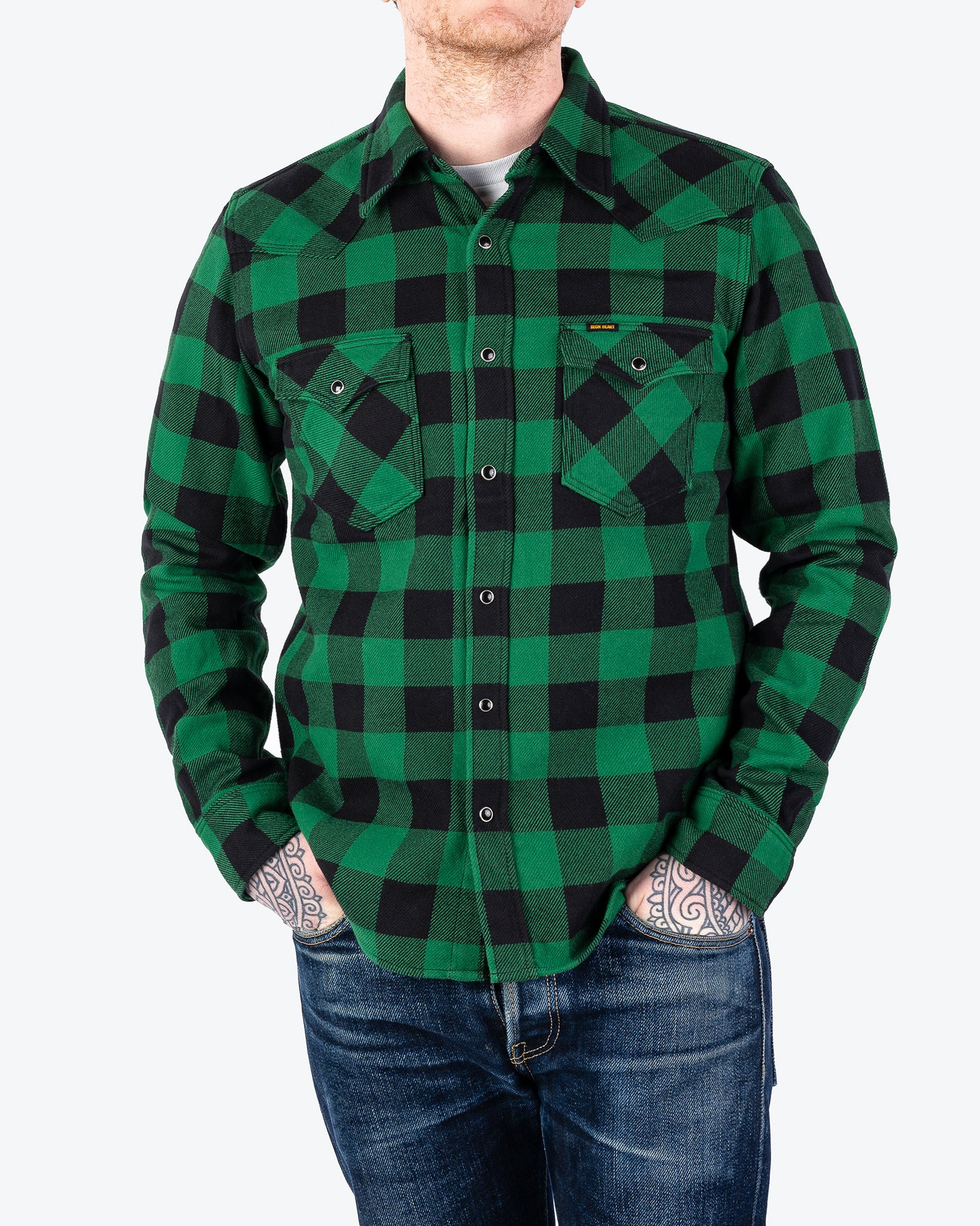 IHSH-232-GRN Ultra Heavy Flannel Buffalo Check Western Shirt - Green/Black - 2