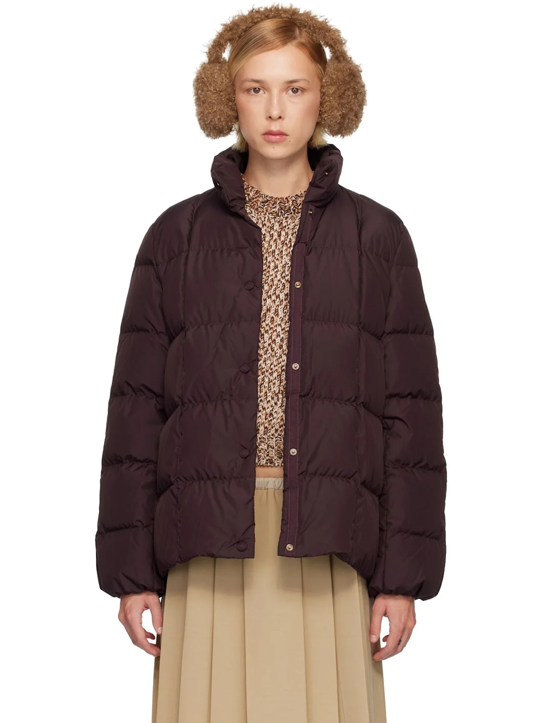 Burgundy Cochevinne Square-Quilted Short Down Jacket - 1