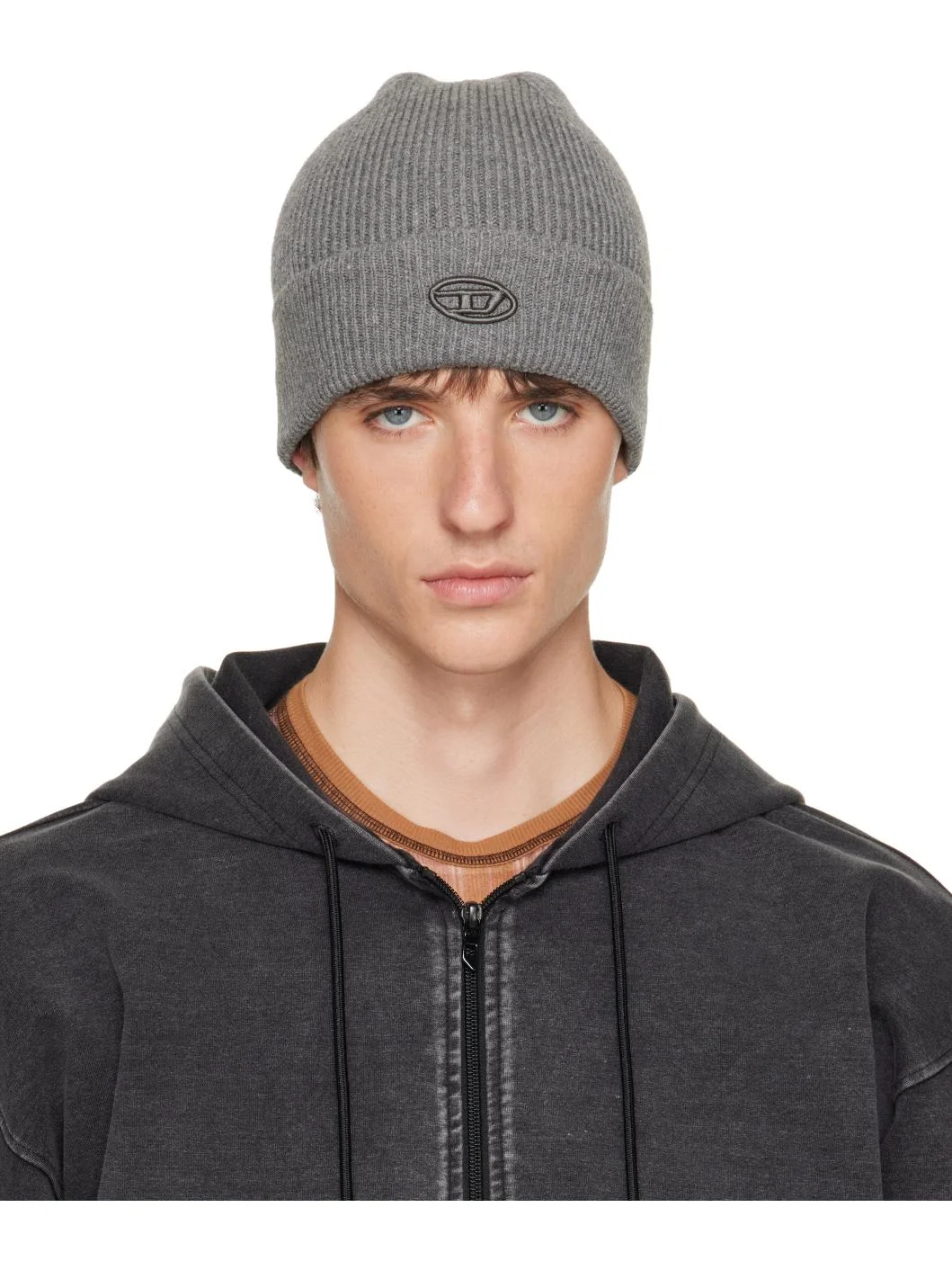 Gray Ribbed D Embroidery Beanie - 1