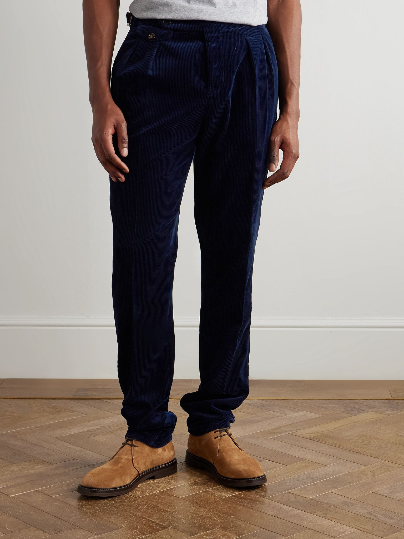 Straight-Leg Pleated Cotton-Corduroy Trousers Navy - 3