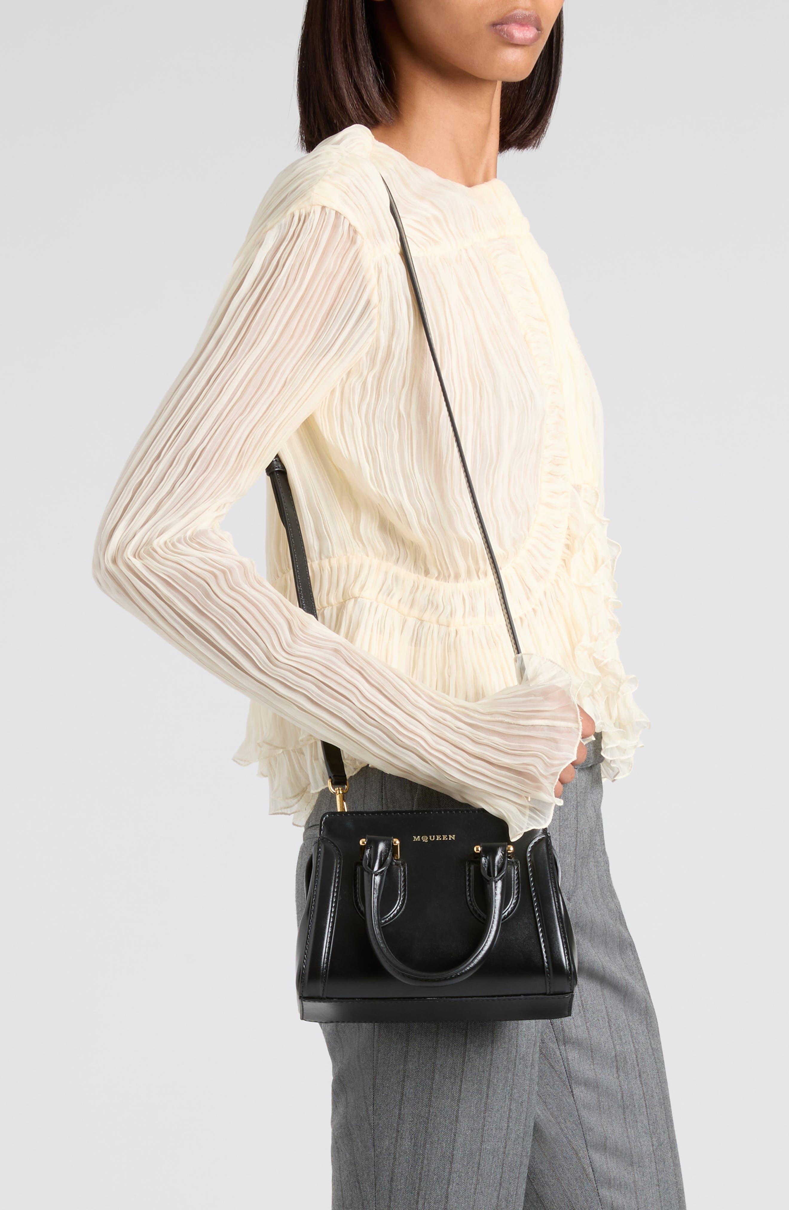 McQueen Mini Birdee Leather Top Handle Bag in Black/Gold at Nordstrom - 2