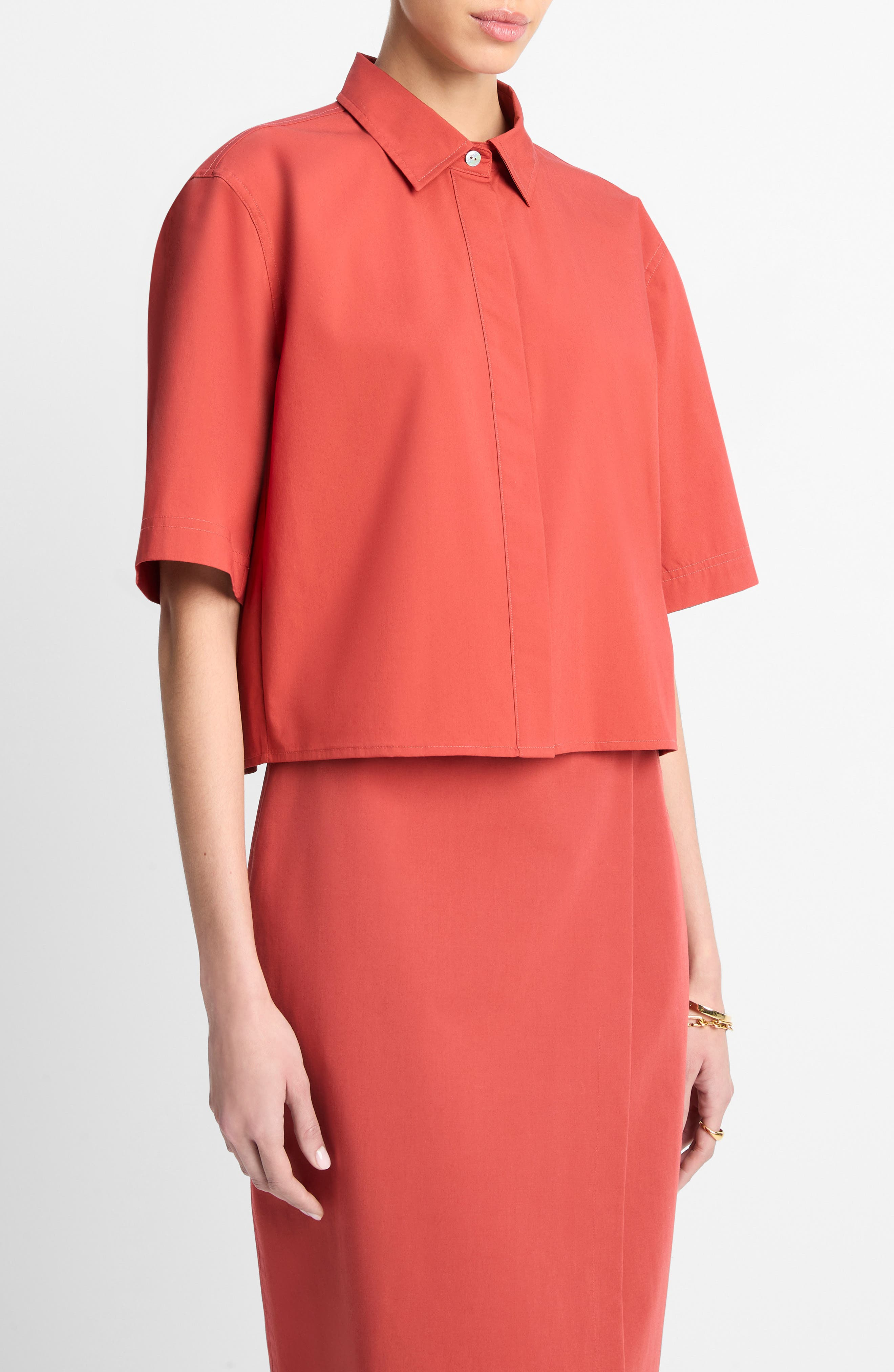 Vince Oversize Crop Cotton Shirt in Brick Rose at Nordstrom - 3