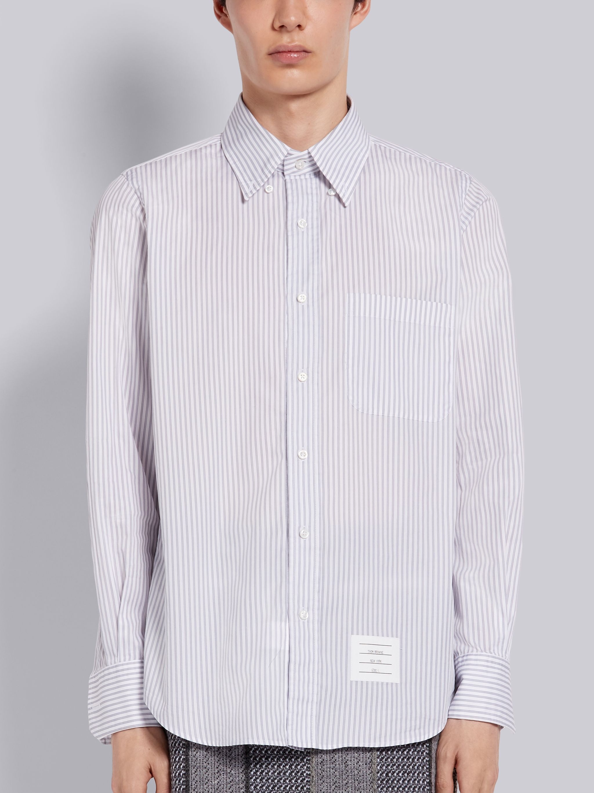 Medium Grey Pinstripe Cotton Poplin Straight Fit Long Sleeve Shirt - 2