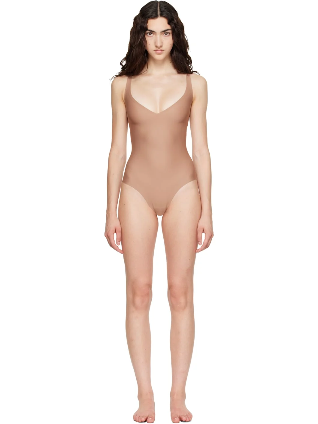 Beige SKIMS Body Unlined Plunge Thong Bodysuit - 1