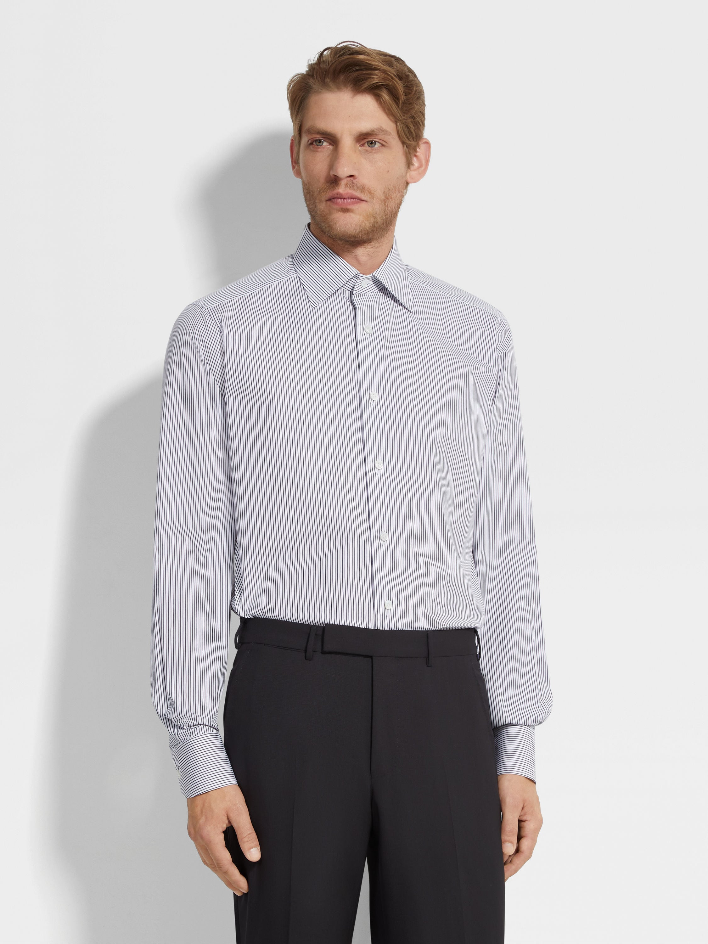 NAVY BLUE AND WHITE MICRO-STRIPED CENTOVENTIMILA COTTON SHIRT - 3