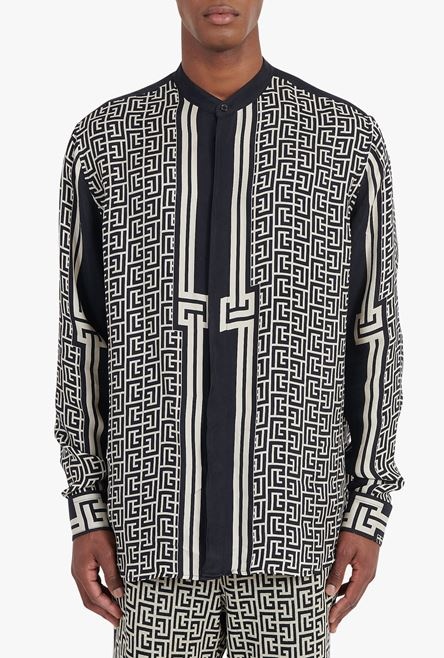 Oversized ivory and black cuprammonium rayon shirt with Balmain monogram print - 5