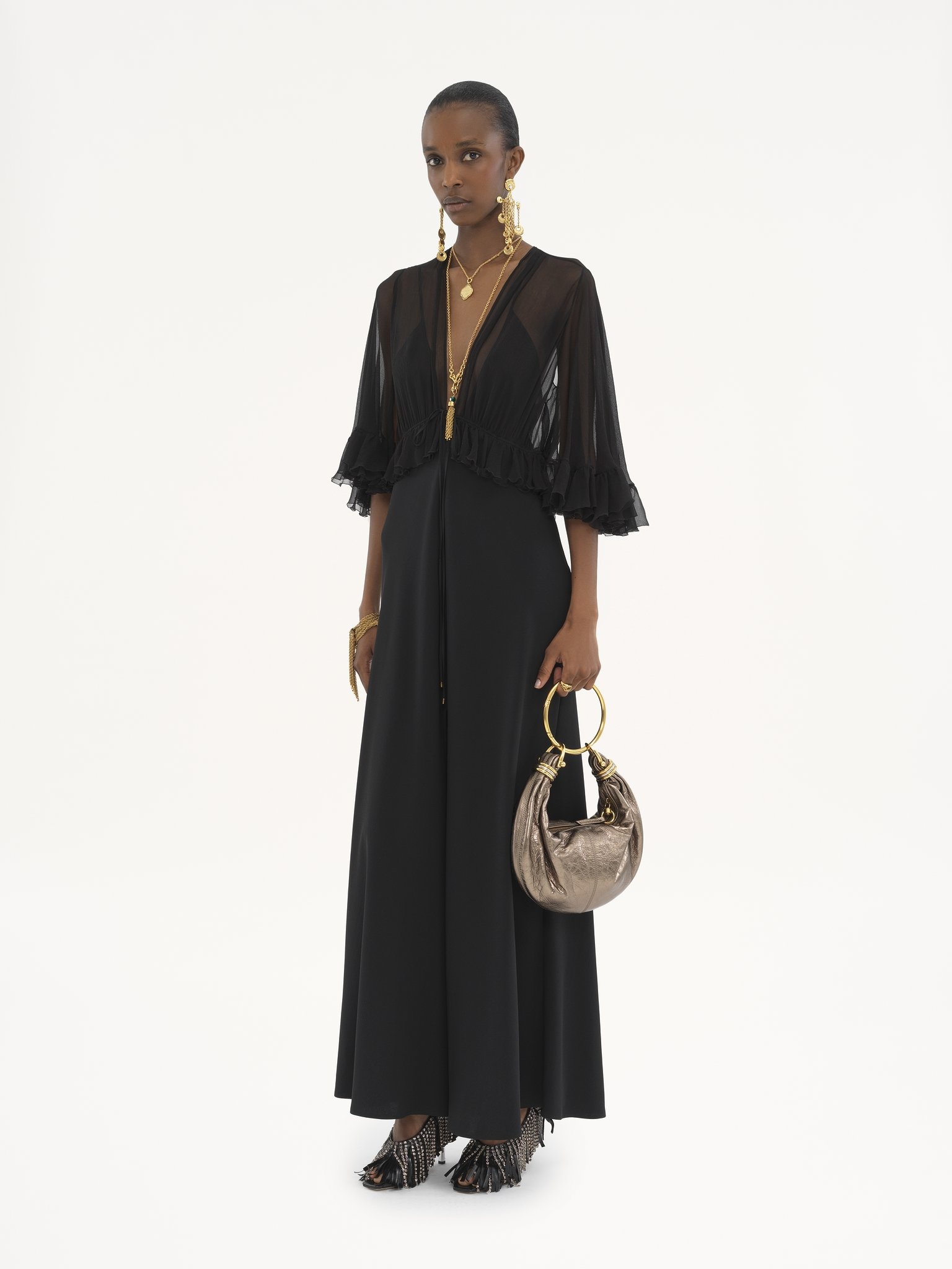 V-NECK LONG DRESS IN CRÊPE SATIN - 3