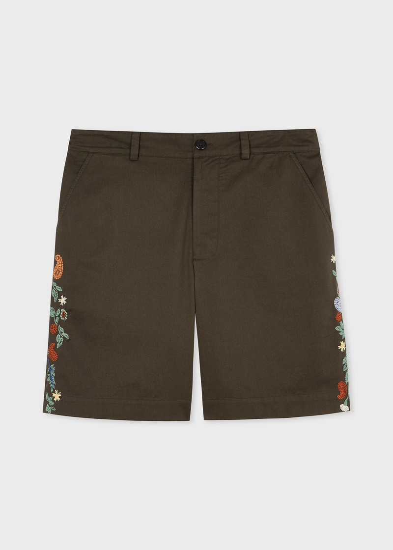 Dark Green Embroidered Paisley Shorts - 1