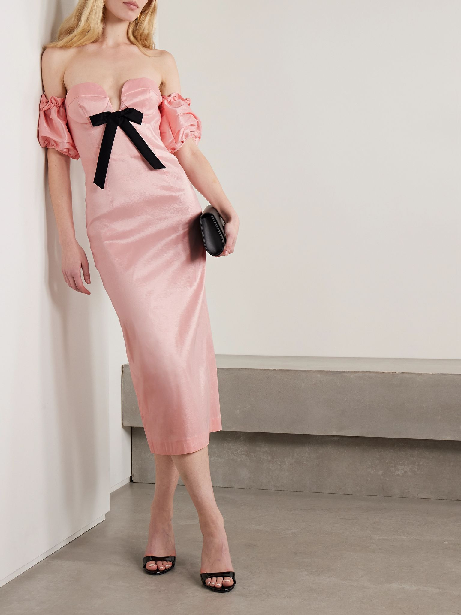 Stella off-the-shoulder bow-detailed taffeta midi dress Pastel pink - 2