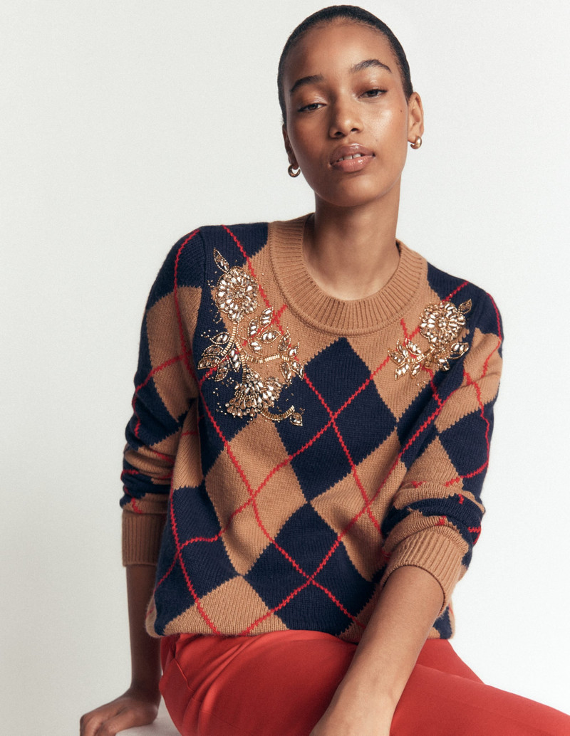 Embellished Jacquard Sweater-Camel Melange Argyle 7