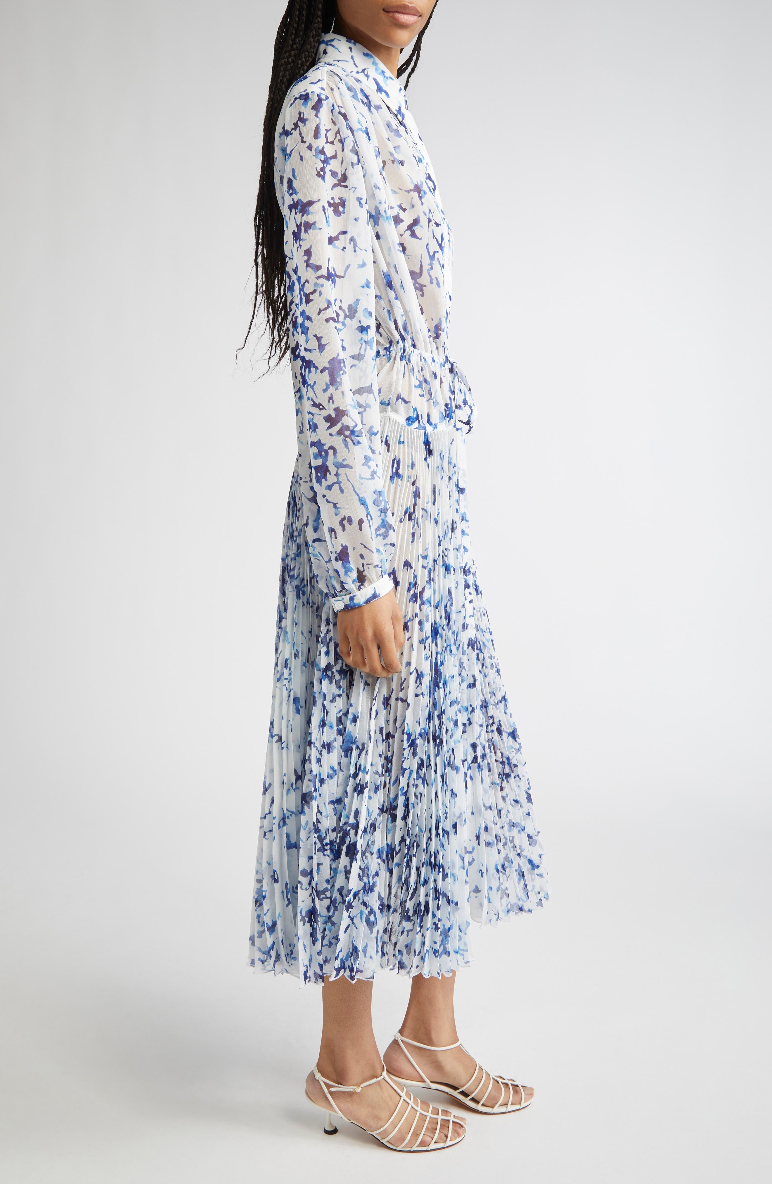 Proenza Schouler Jones Long Sleeve Pleated Crinkle Chiffon Shirtdress in Off White Multi at Nordstro - 3