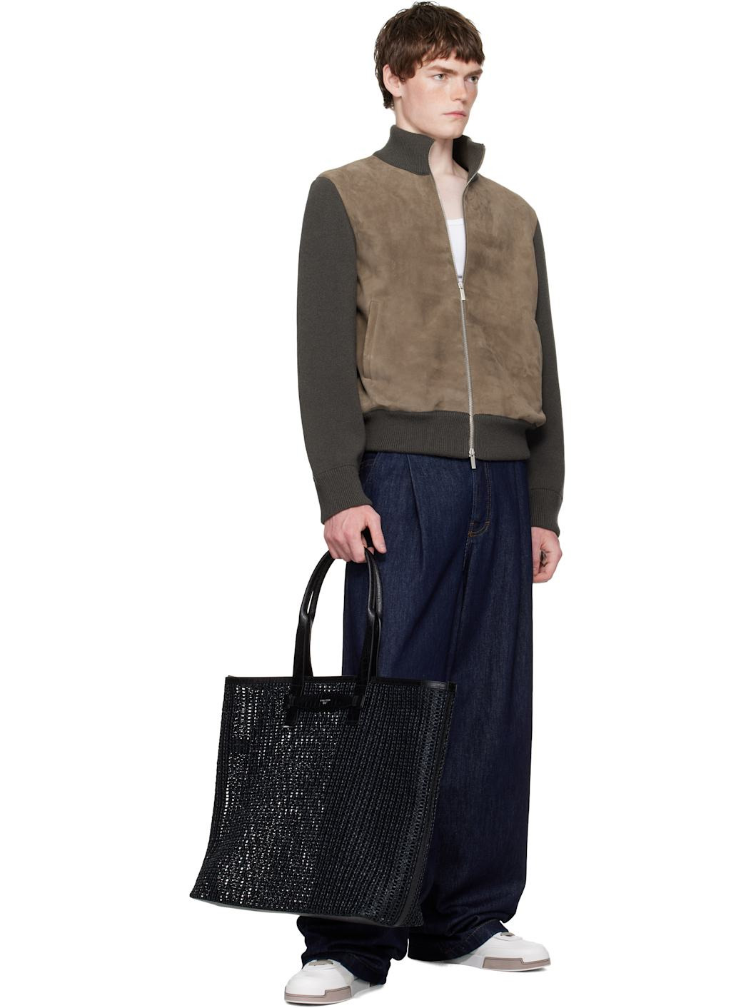 Black Woven Mesh & Calfskin Shopper Tote - 4