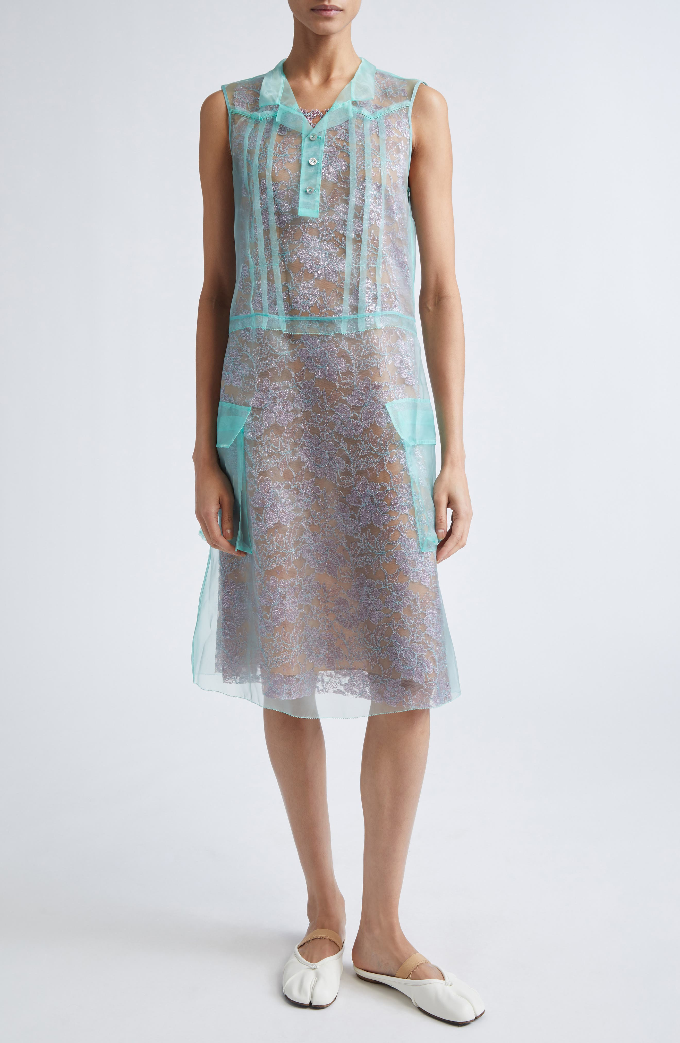Maison Margiela Sheer Overlay Sleeveless Shirtdress in Emerald/Antique Rose at Nordstrom - 1
