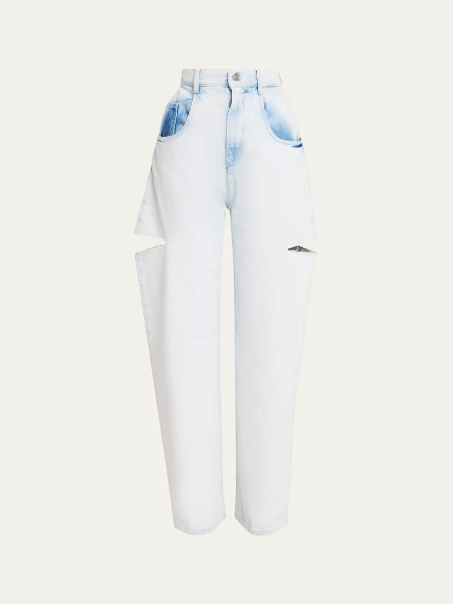 Cutout Bleached Barrel-Leg Jeans - 1