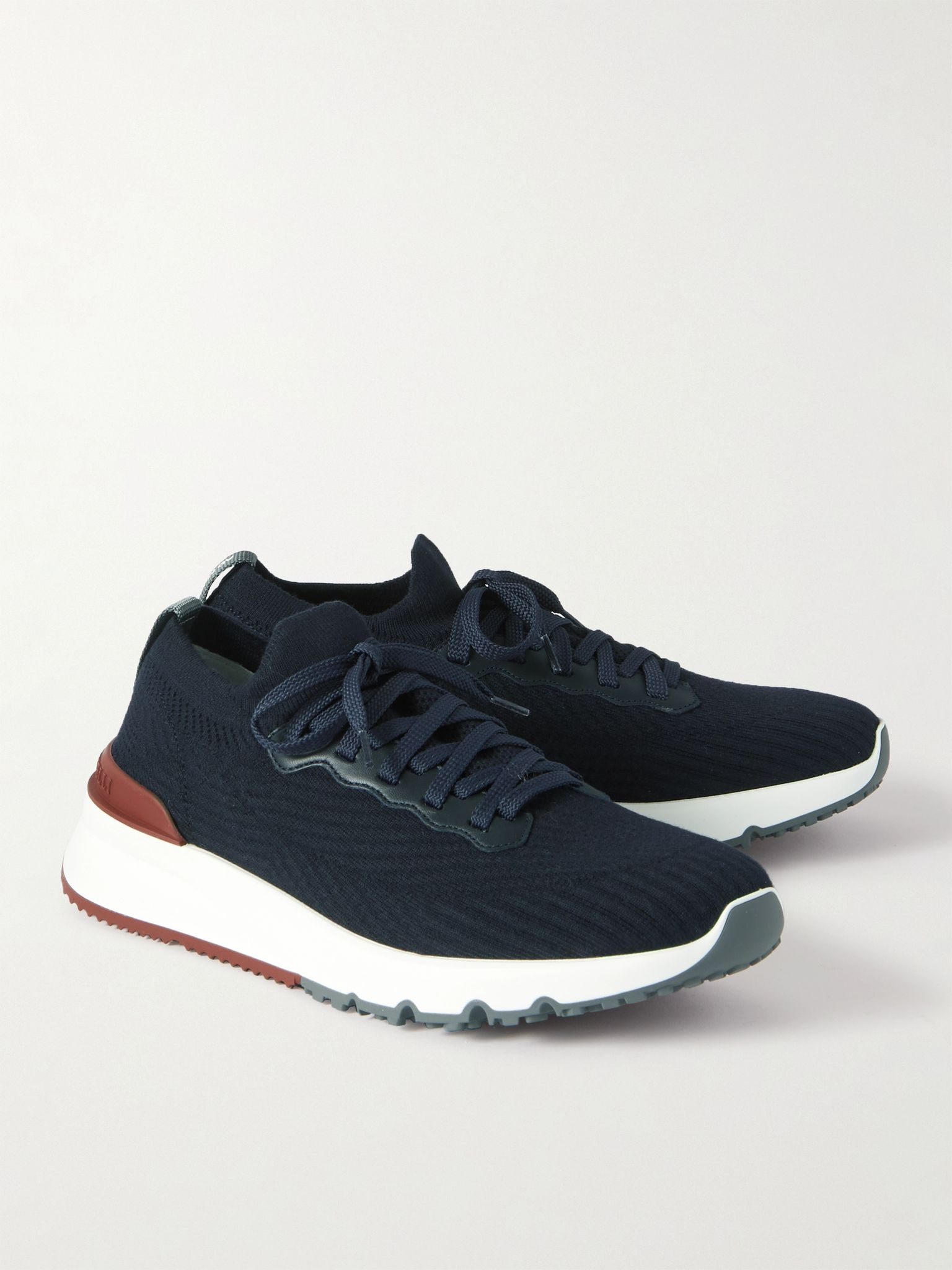 Leather-Trimmed Stretch-Knit Sneakers Navy - 3