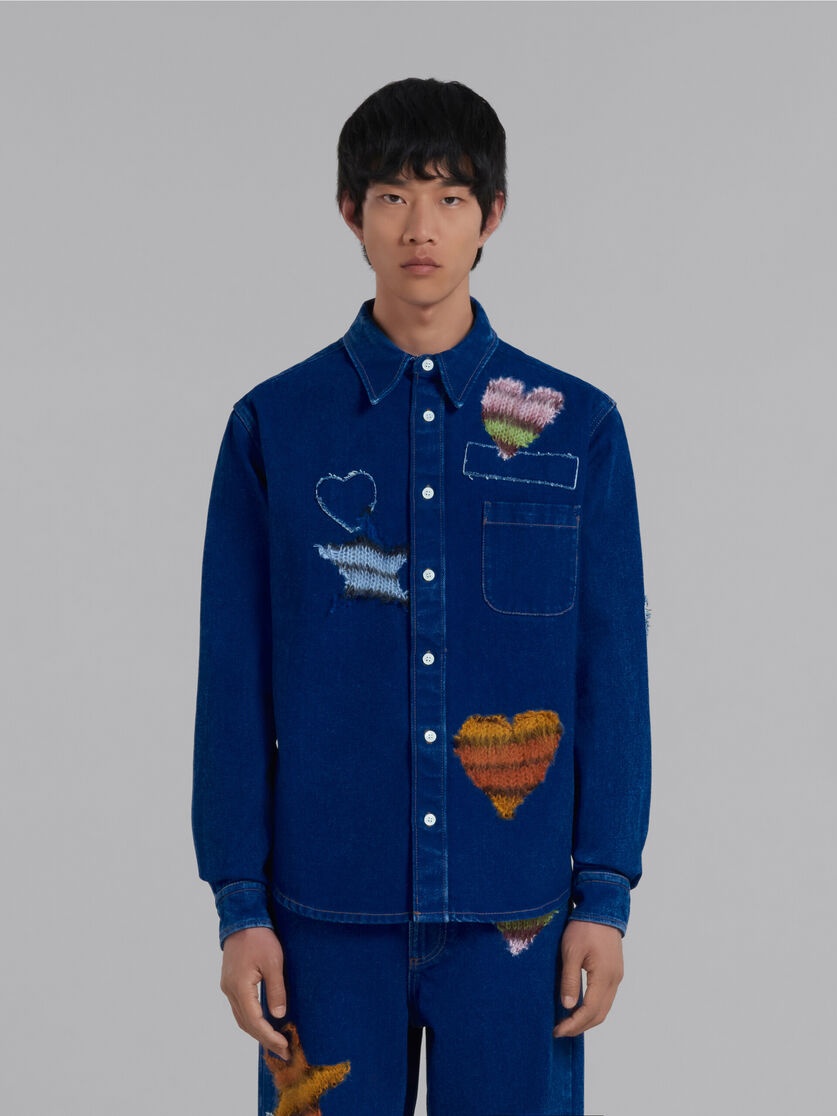 BLUE COATED DENIM SHIRT WITH MOHAIR PATCHES - 2