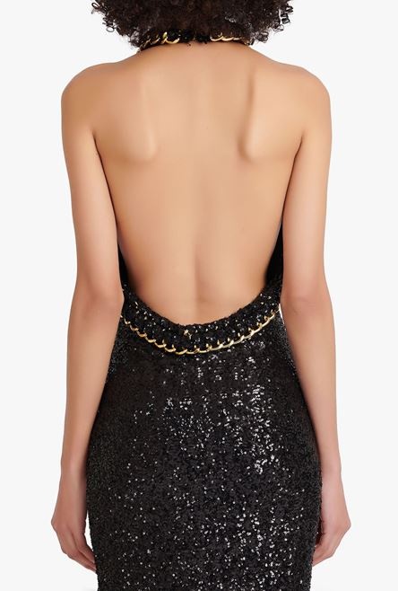 Long black and gold sequined embroidered dress - 9