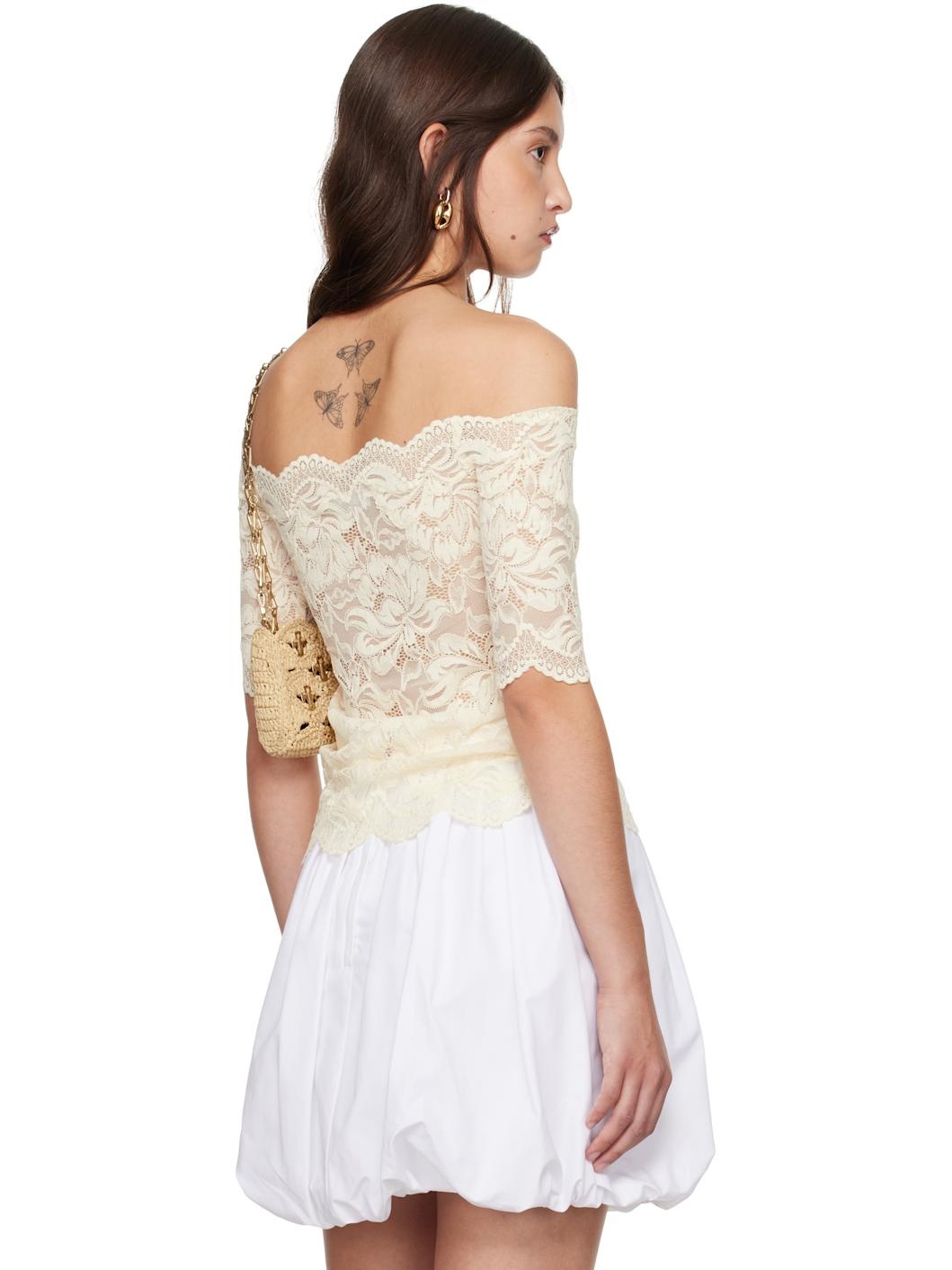 Off-White Stretch Lace Short Sleeve Top - 3