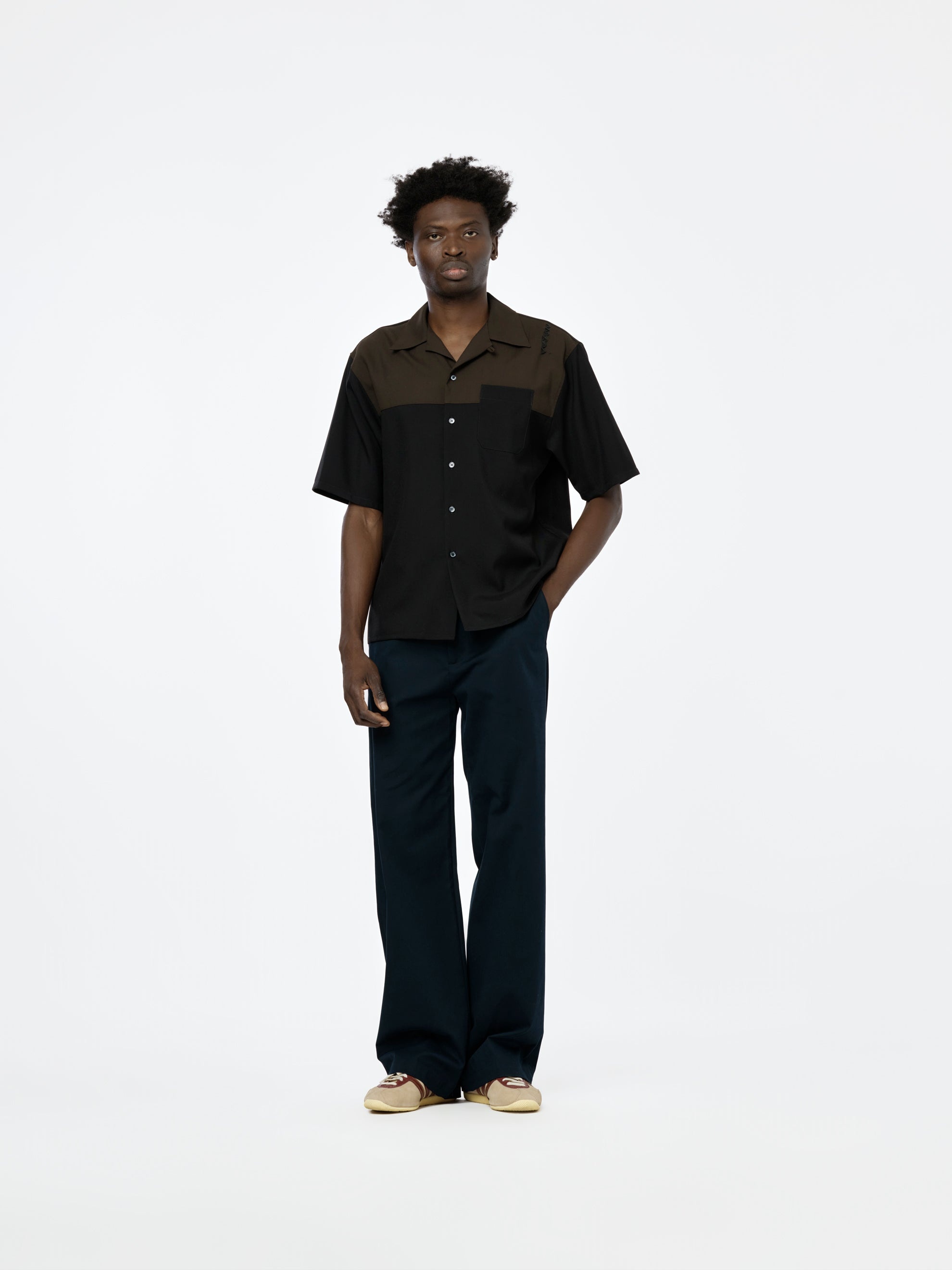 BI-COLOR TROPICAL WOOL SHORT SLEEVE BOWLING SHIRT (BLACK) - 5