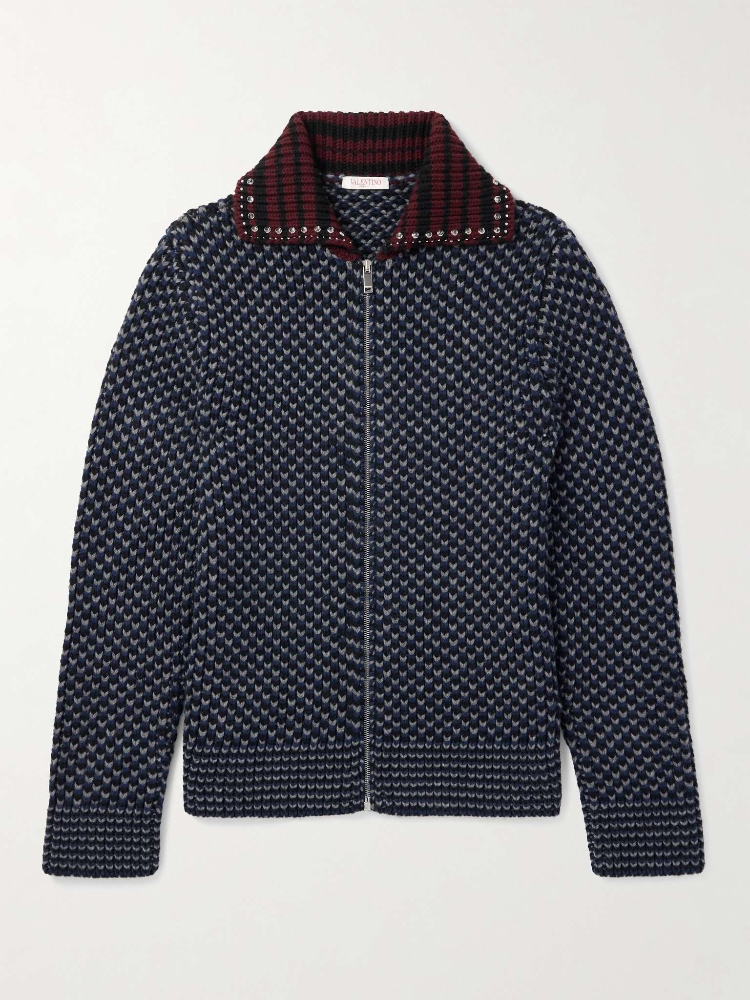 Studded Crystal-Embellished Striped Ribbed-Knit Wool Jacket - 1