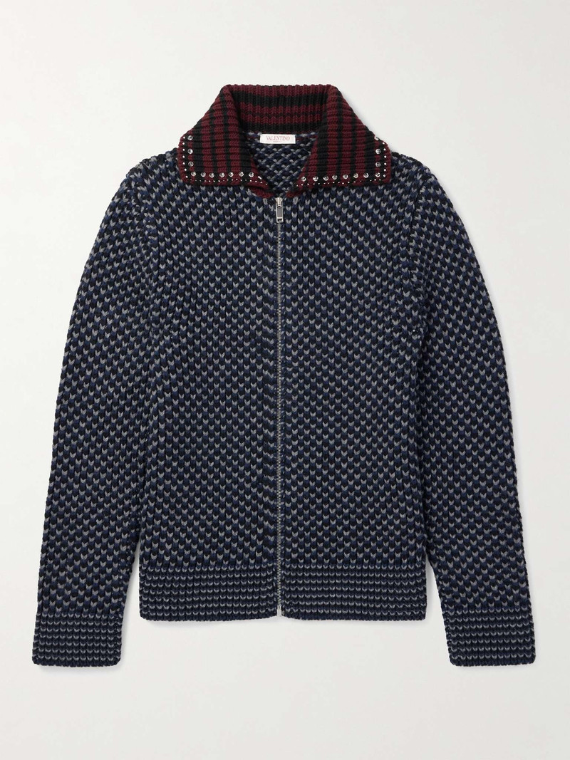 Studded Crystal-Embellished Striped Ribbed-Knit Wool Jacket 1