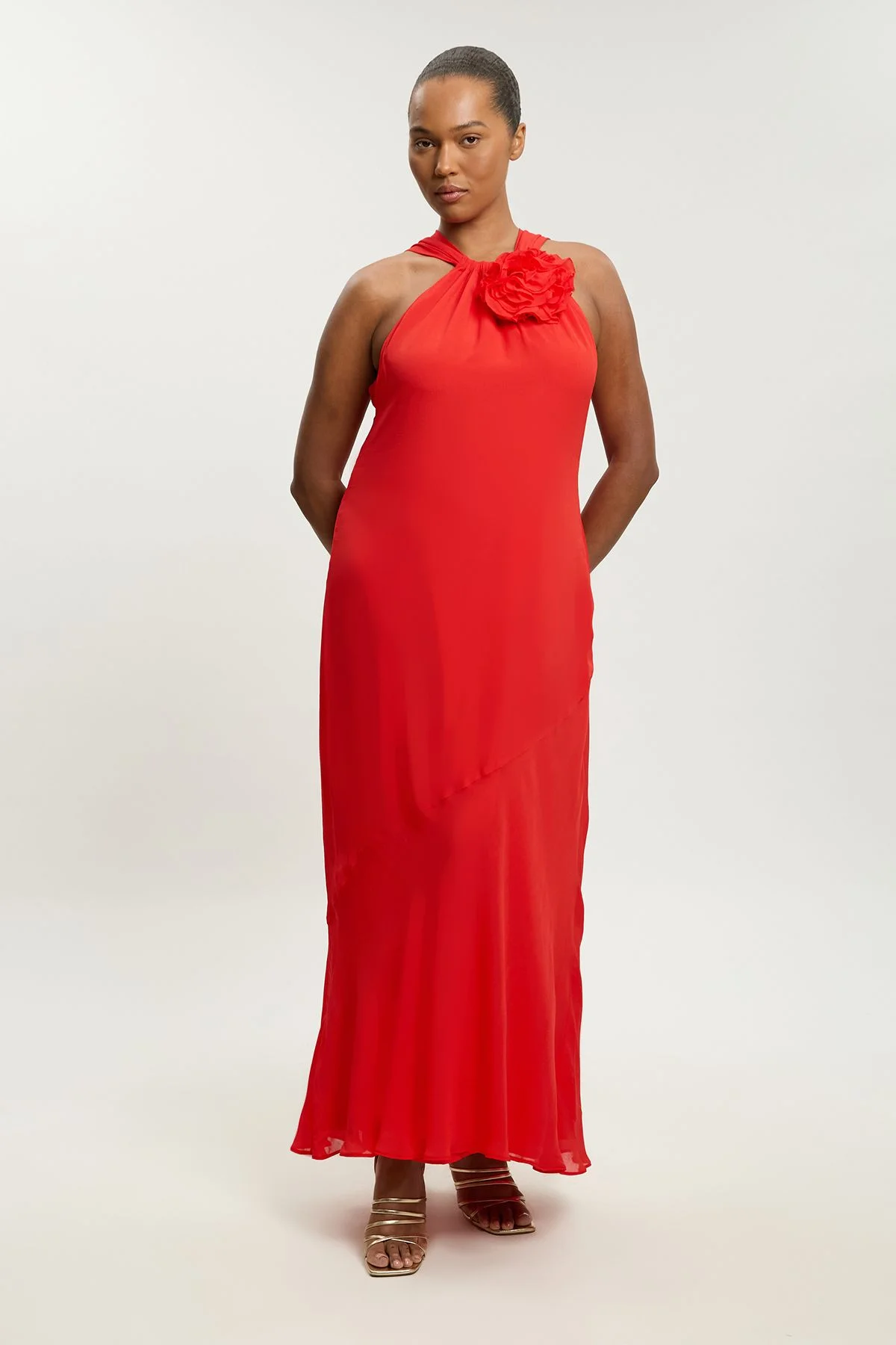 Plus Size Viscose Georgette Rosette Ruffle Halterneck Maxi Dress - 1