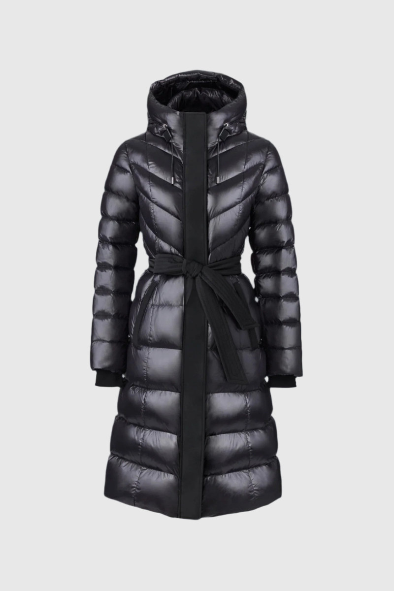 CORALIA down coat with hood and sash belt 1