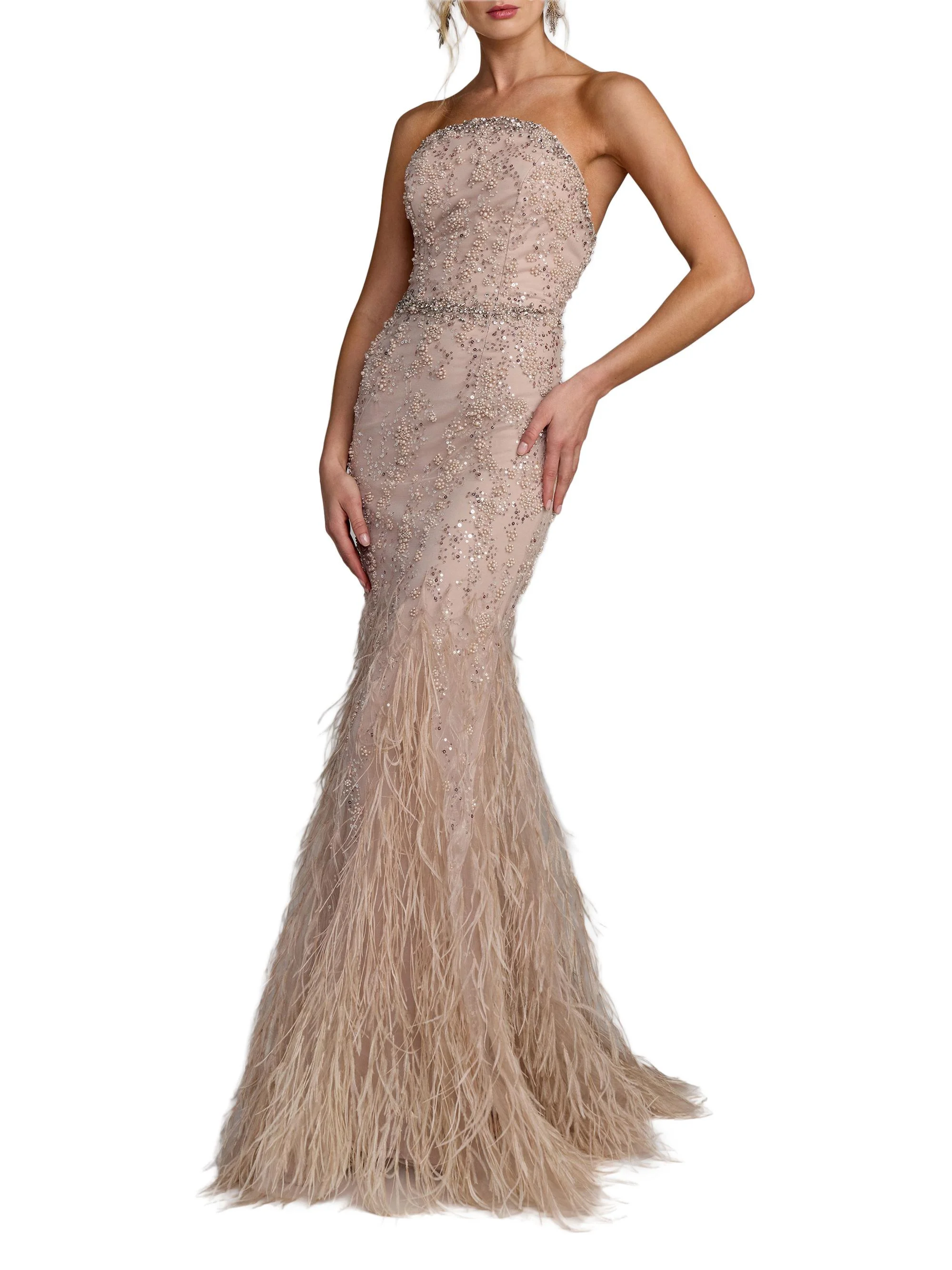 Women's Feather-Trimmed Embellished Mermaid Gown - Champagne - 1