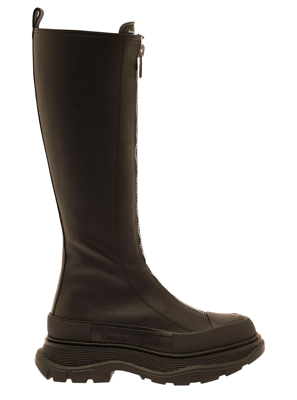 Alexander Mcqueen Women 'Tread Slick' Black Boots With Embossed Logo And Chunky Platform In Leather  - 1