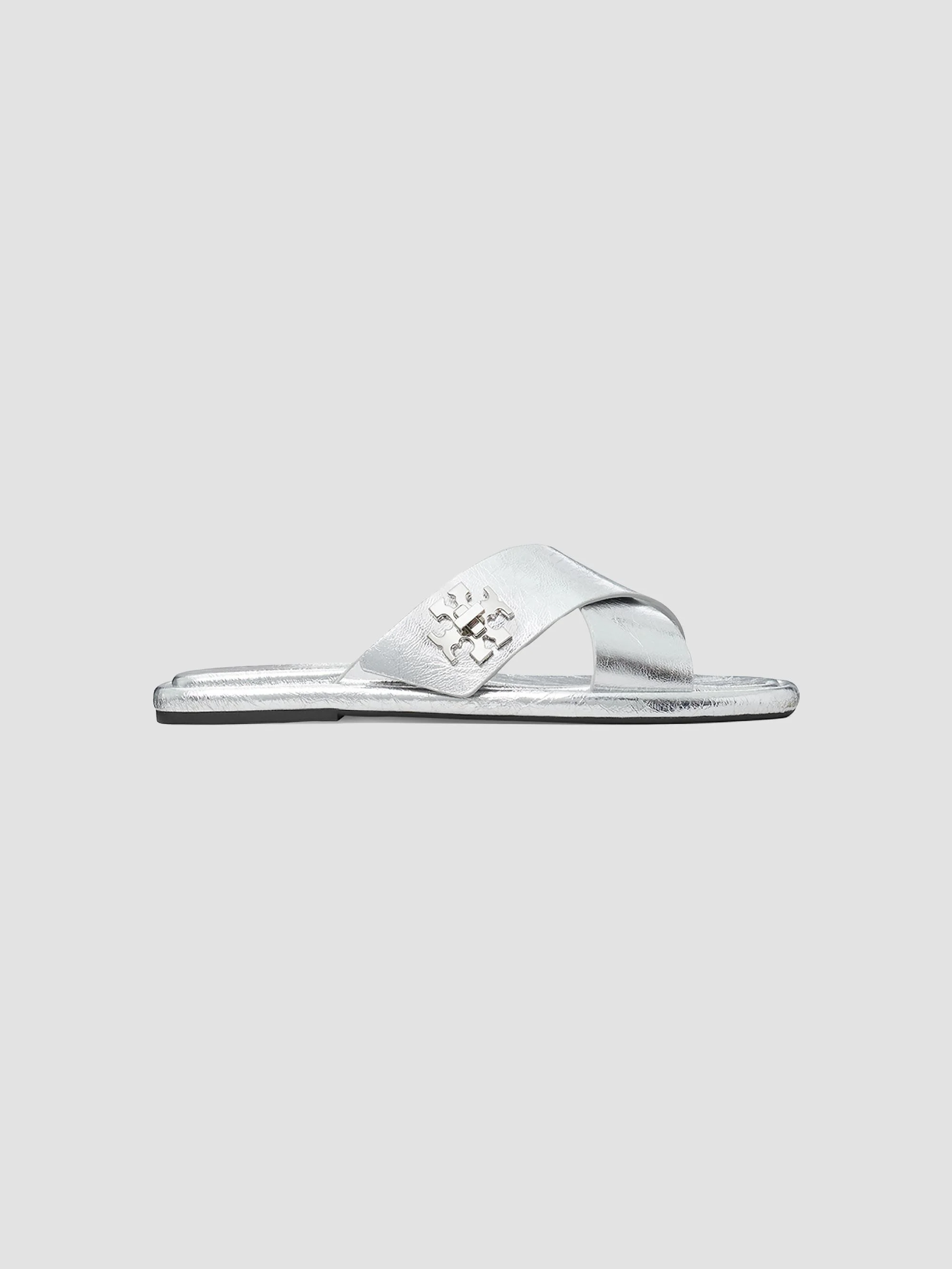 Women's Crisscross Metallic Leather Flat Sandals - Silver - 1