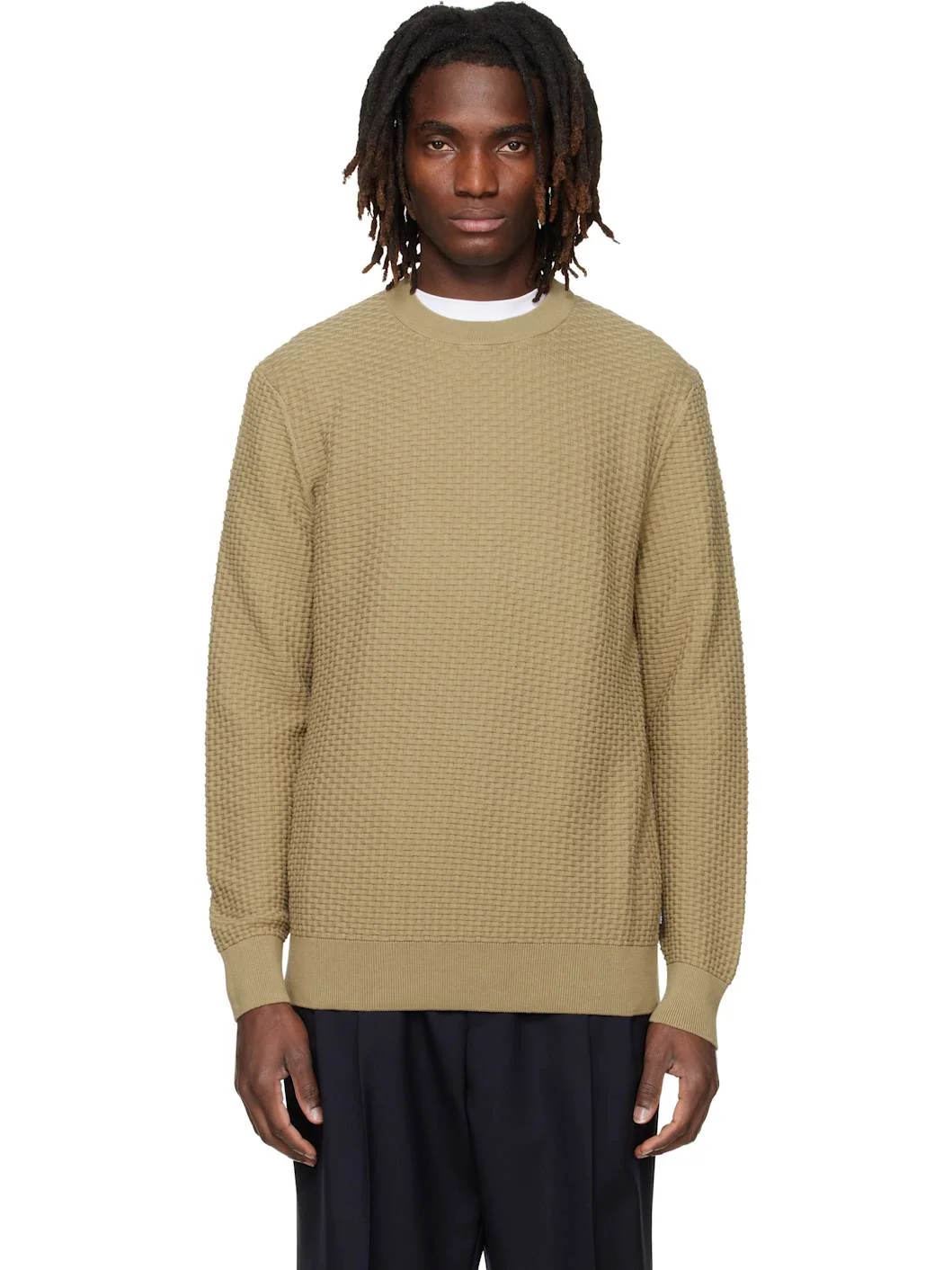 Beige Cotton Knitted Structure Sweater - 1