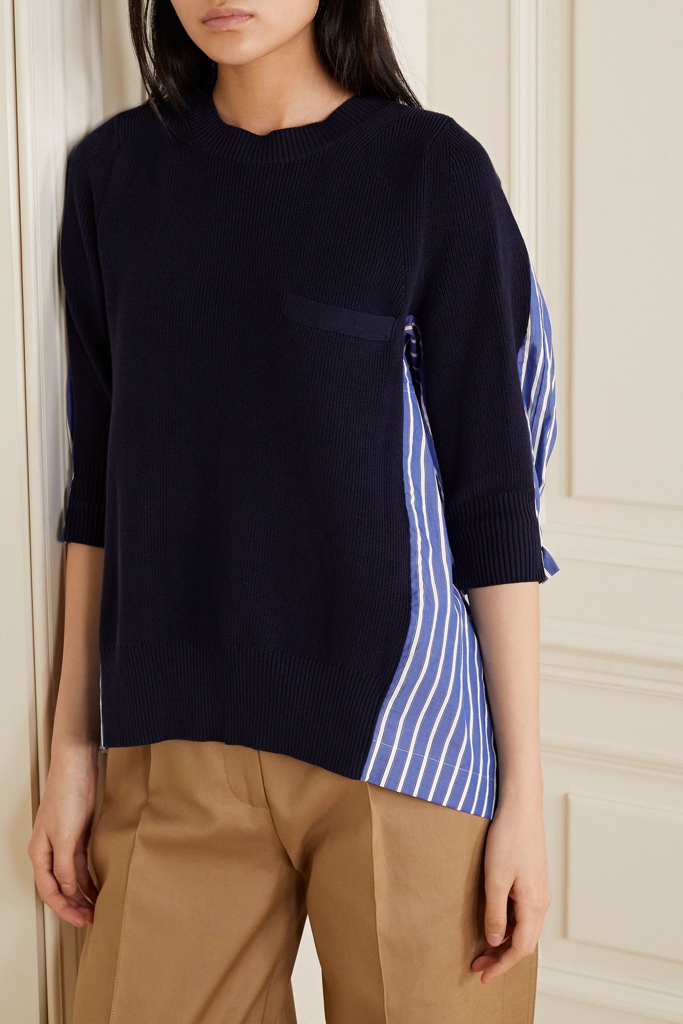 Oversized paneled striped cotton-poplin and ribbed-knit top - 3